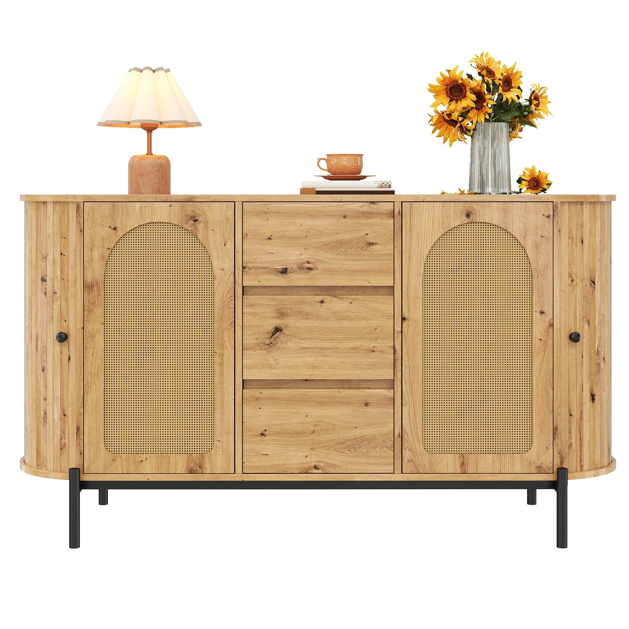 Oval Sideboard with Rattan Sliding Doors and Drawers, Adjustable Compartments and Metal Legs, Wood Look - Image 2
