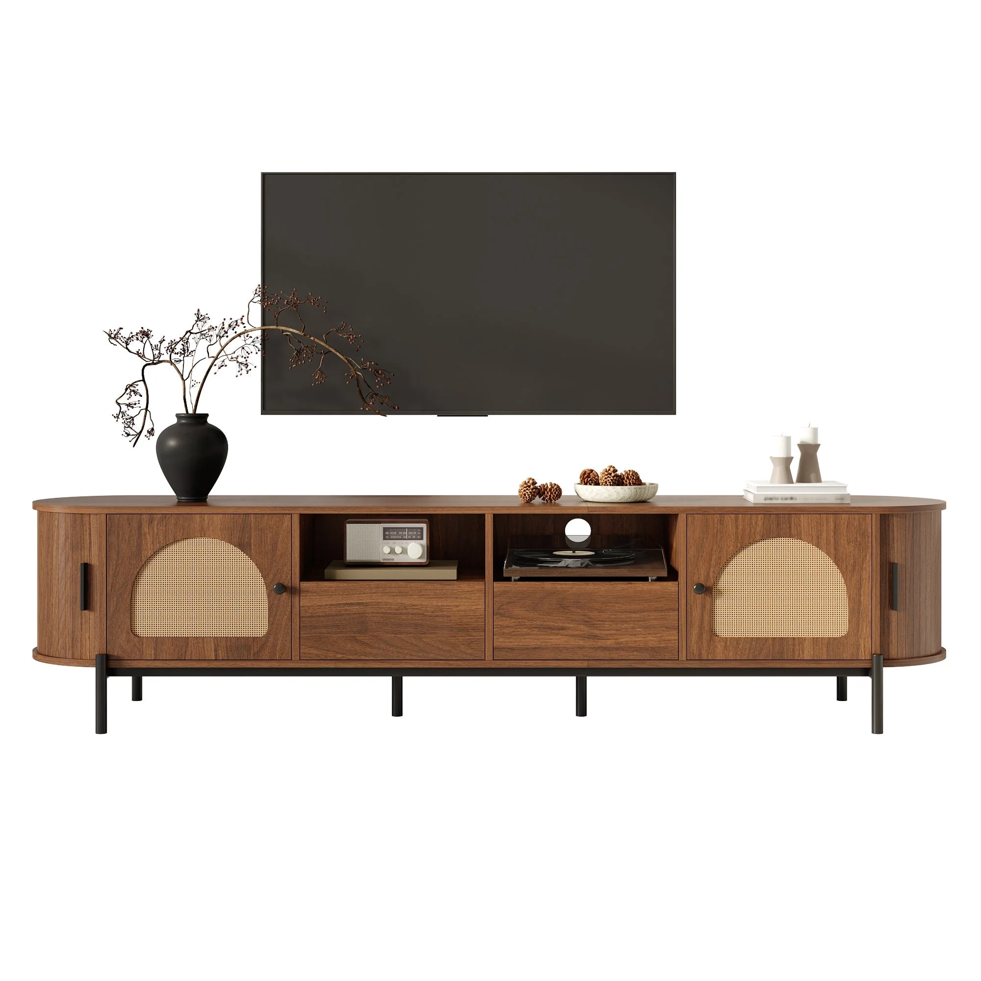 Oval TV Cabinet with Rattan Sliding Doors and Drawers, Wood Look and Metal Legs - Image 2