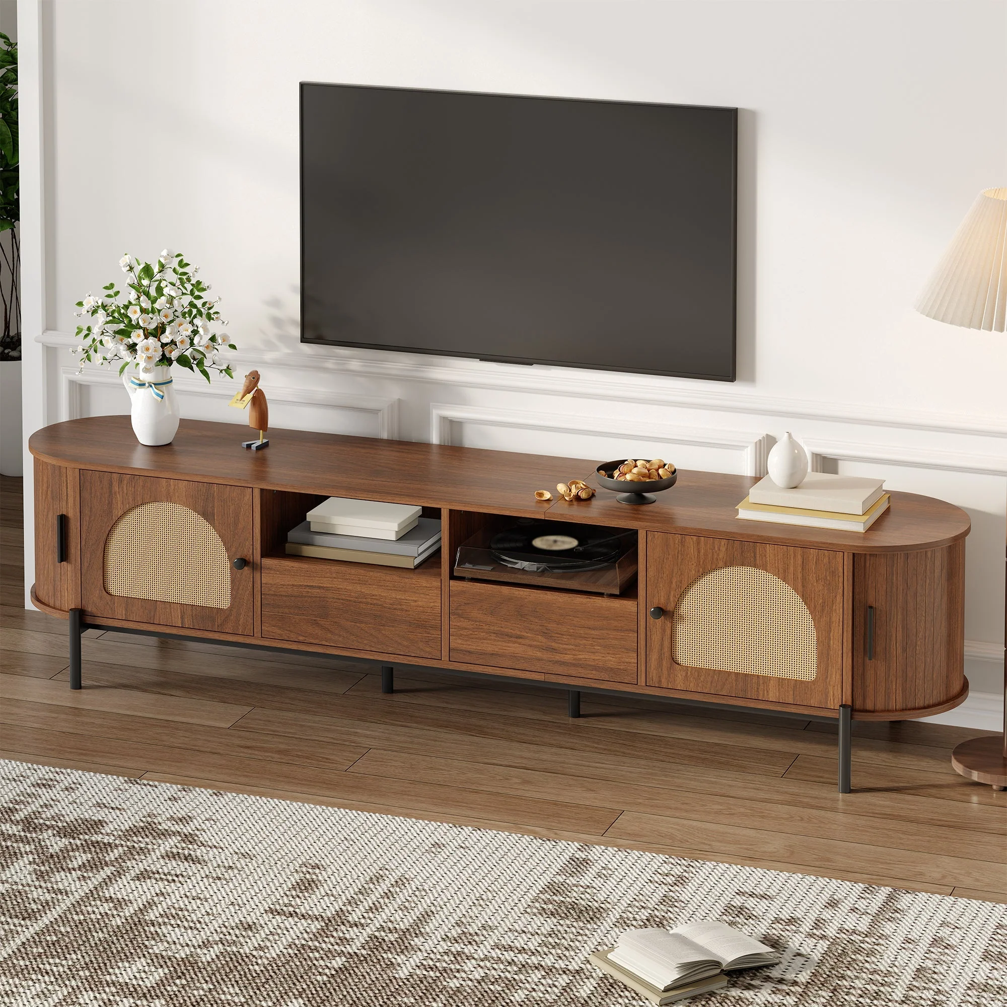 Oval TV Cabinet with Rattan Sliding Doors and Drawers, Wood Look and Metal Legs - Image 6