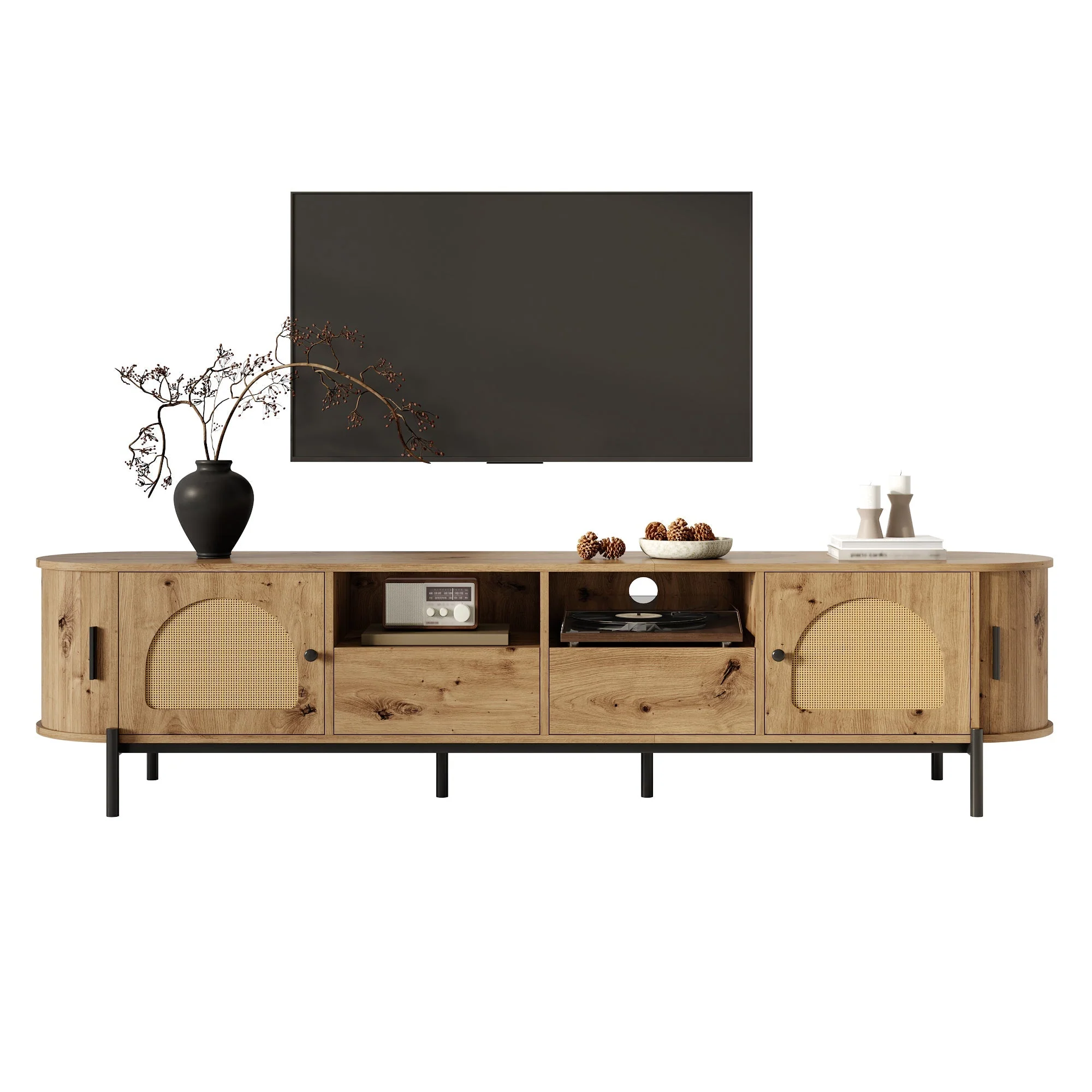 Oval TV Cabinet with Sliding Doors and Drawers, Wood Look and Rattan - Image 2