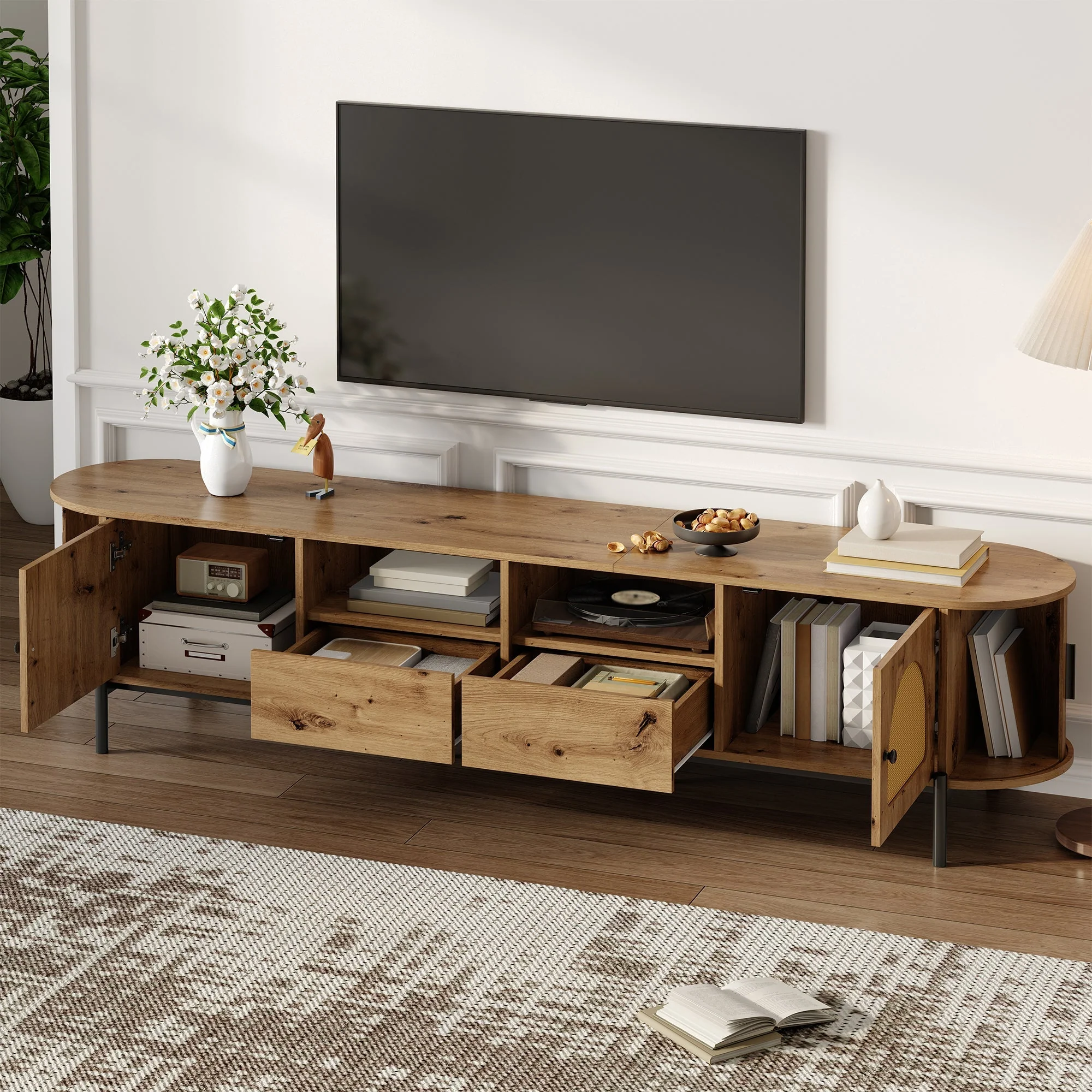 Oval TV Cabinet with Sliding Doors and Drawers, Wood Look and Rattan - Image 3