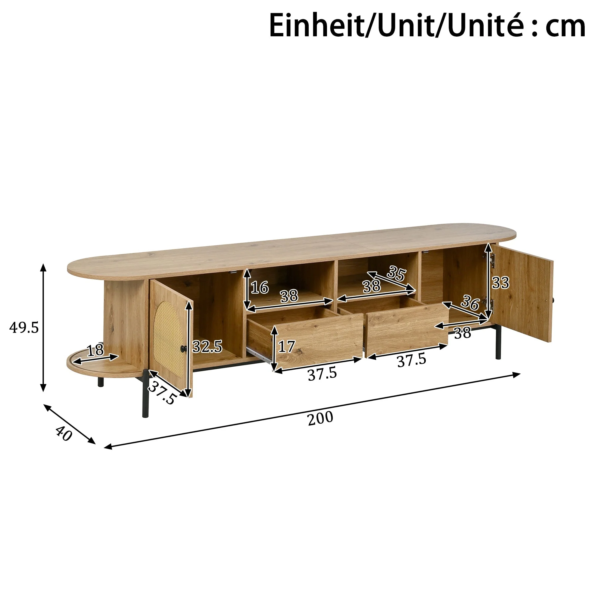 Oval TV Cabinet with Sliding Doors and Drawers, Wood Look and Rattan - Image 4
