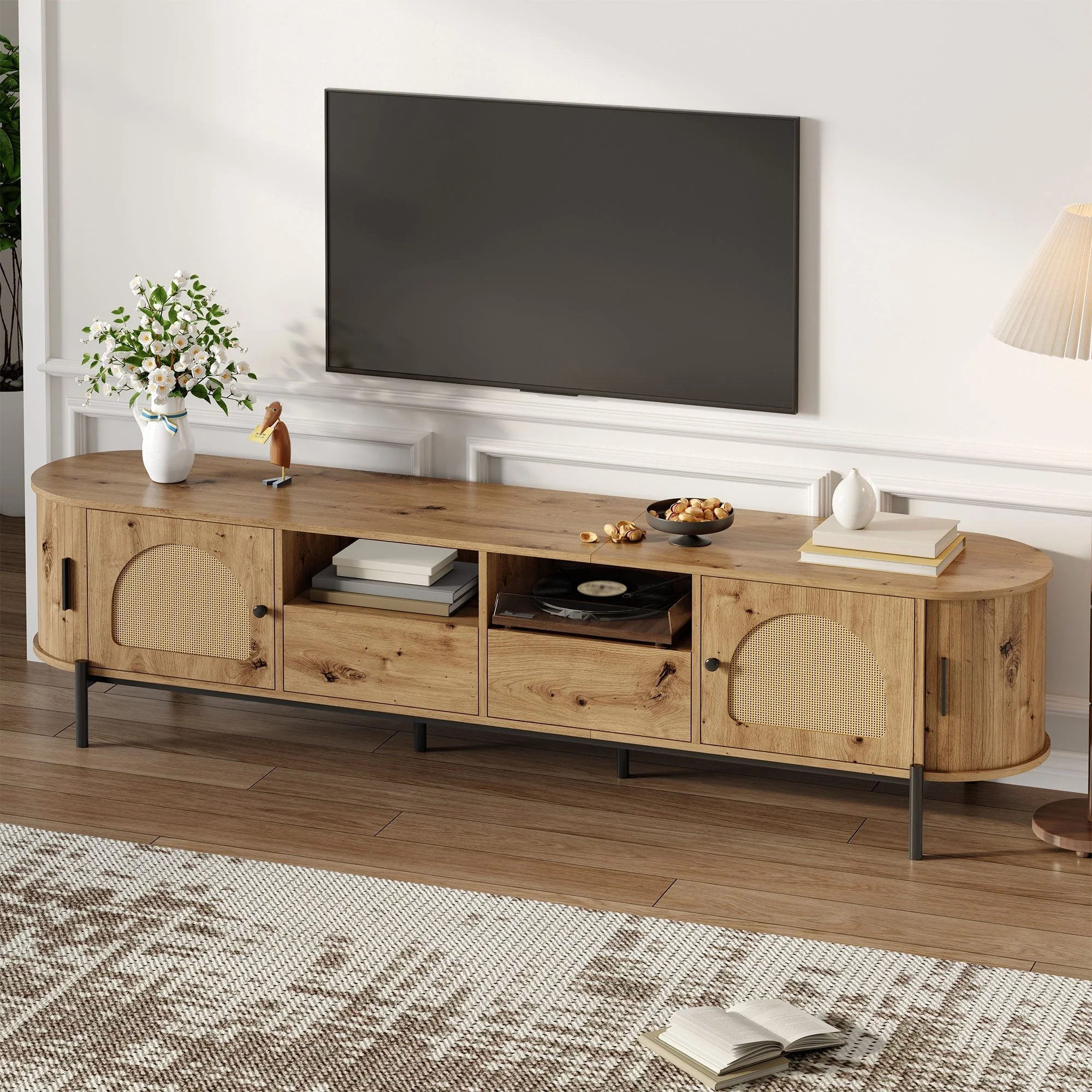 Oval TV Cabinet with Sliding Doors and Drawers, Wood Look and Rattan - Image 5