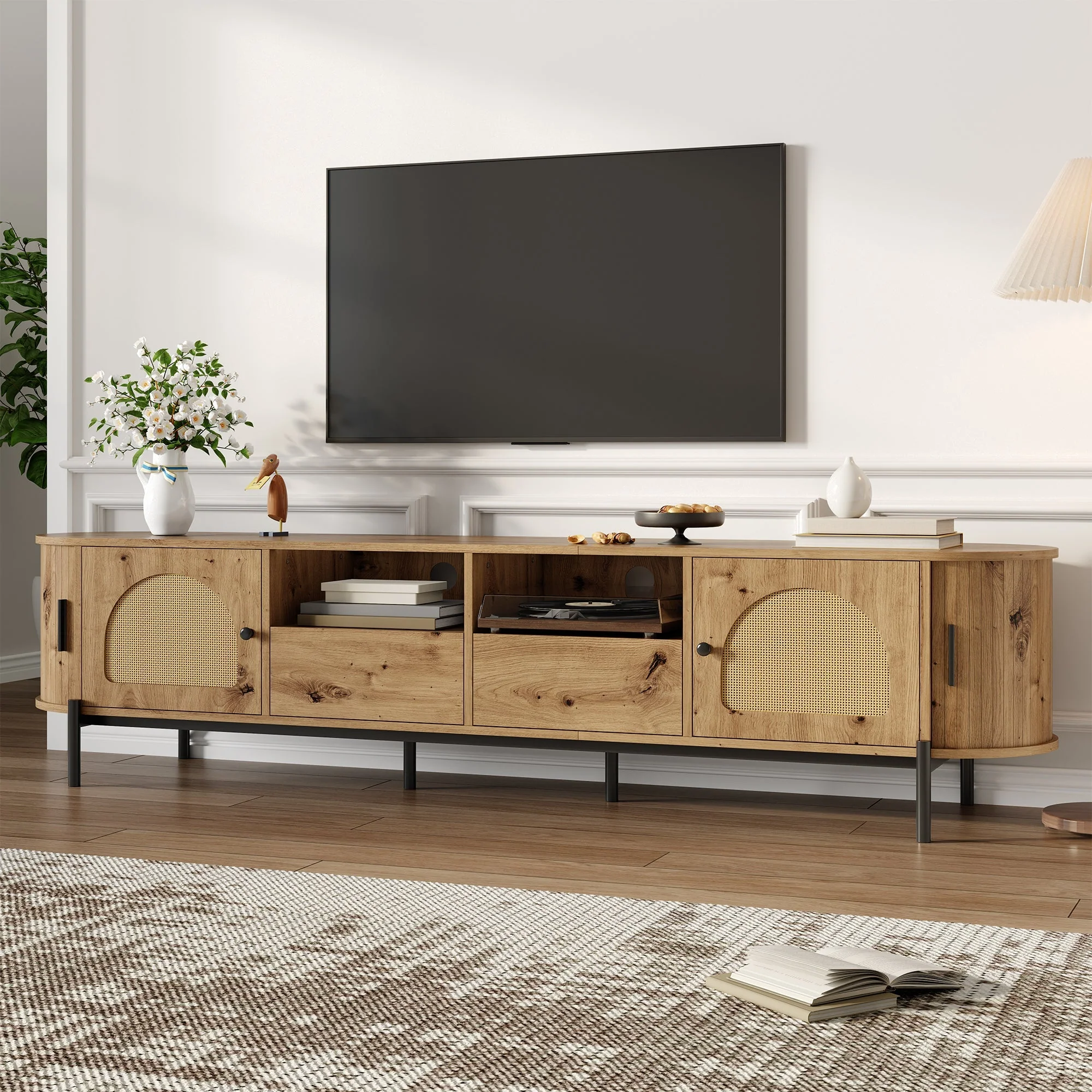 Oval TV Cabinet with Sliding Doors and Drawers, Wood Look and Rattan - Image 6