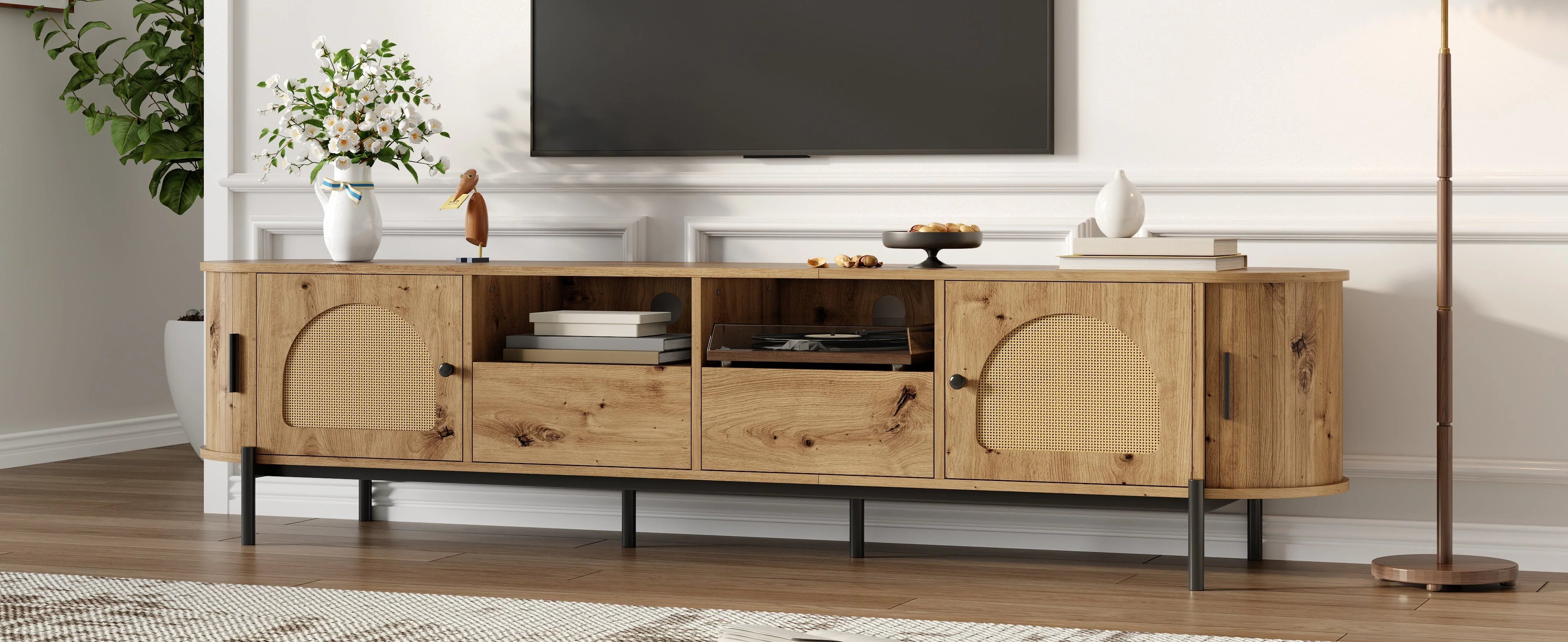 Oval TV Cabinet with Sliding Doors and Drawers, Wood Look and Rattan - Image 7