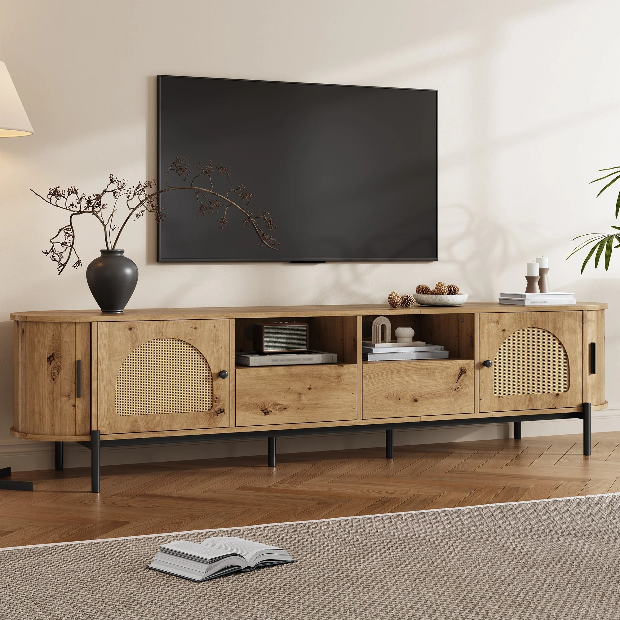 Oval TV Cabinet with Sliding Doors and Drawers, Wood Look and Rattan - Image 8