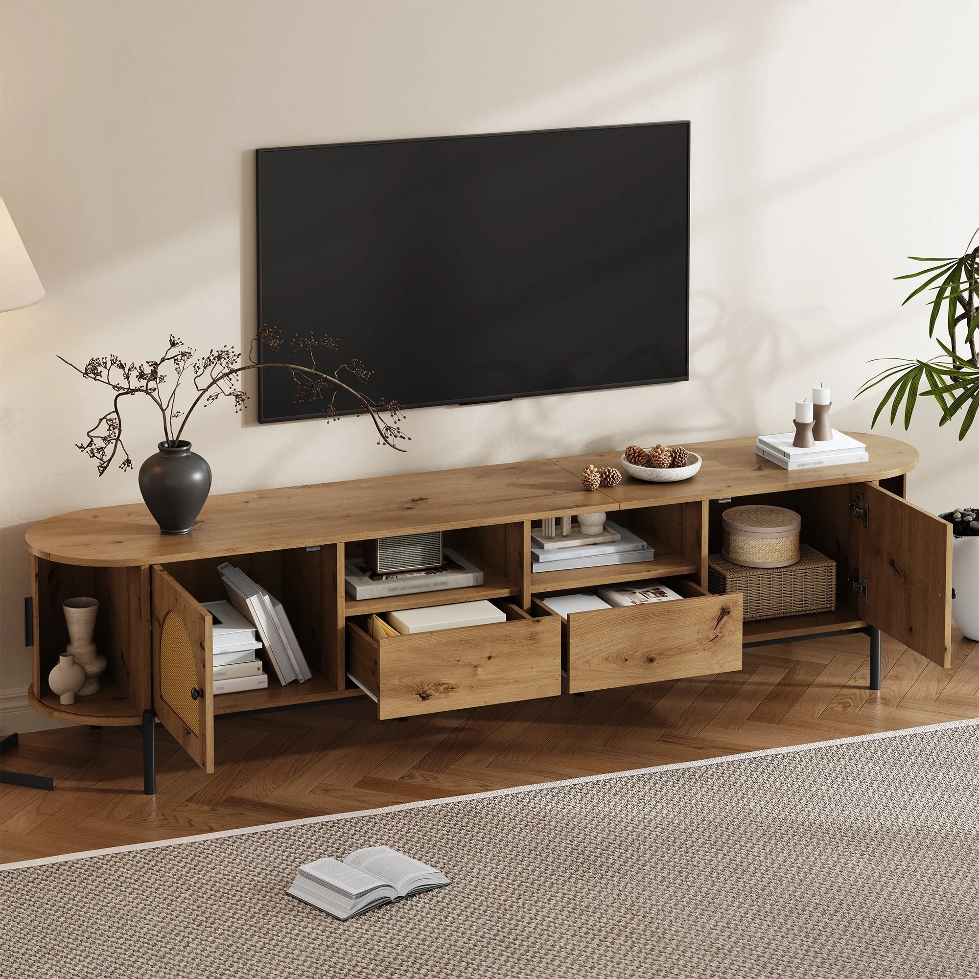 Oval TV Cabinet with Sliding Doors and Drawers, Wood Look and Rattan - Image 9