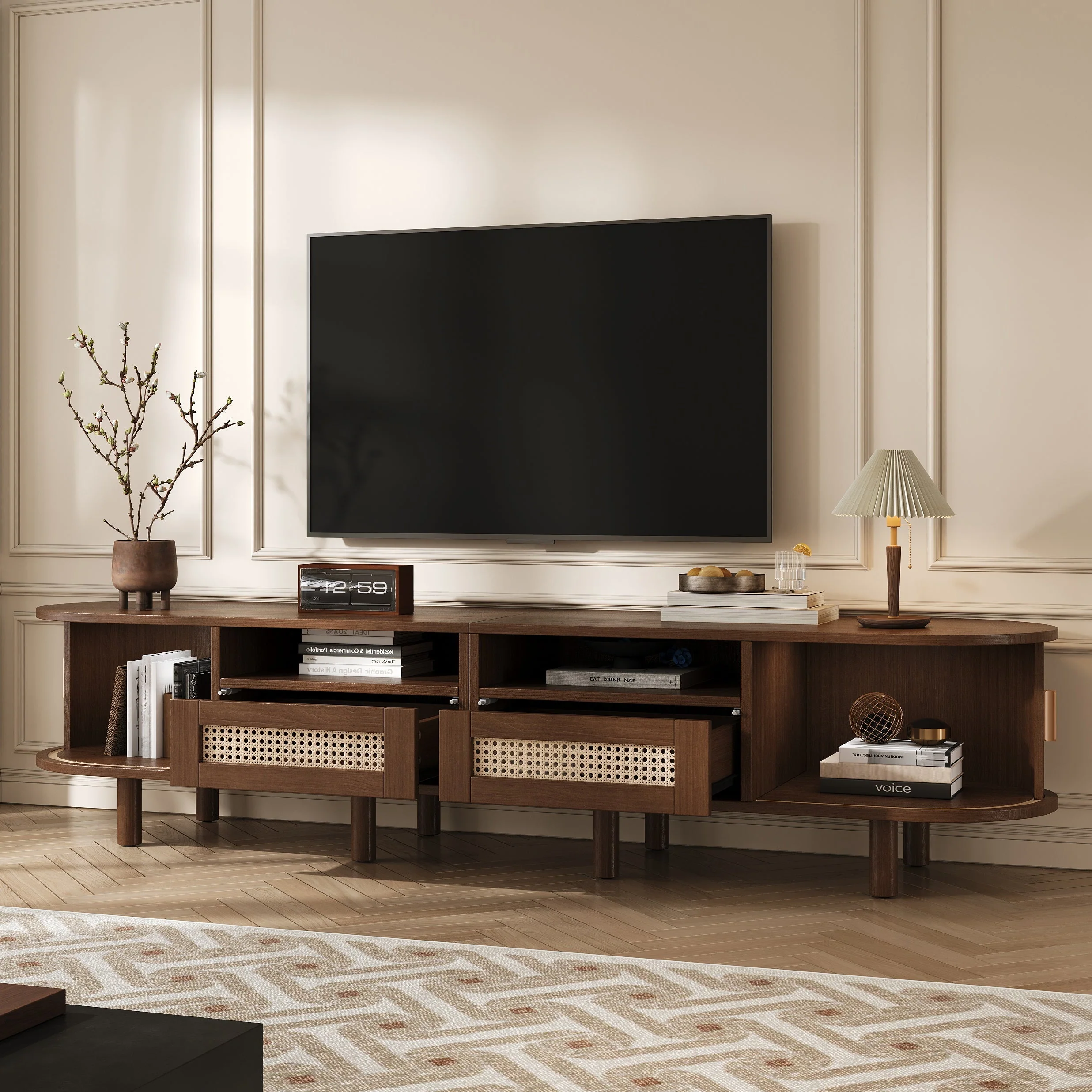 Oval TV Stand 170cm with Rattan Drawers Sliding Doors 70-inch Walnut - Image 5