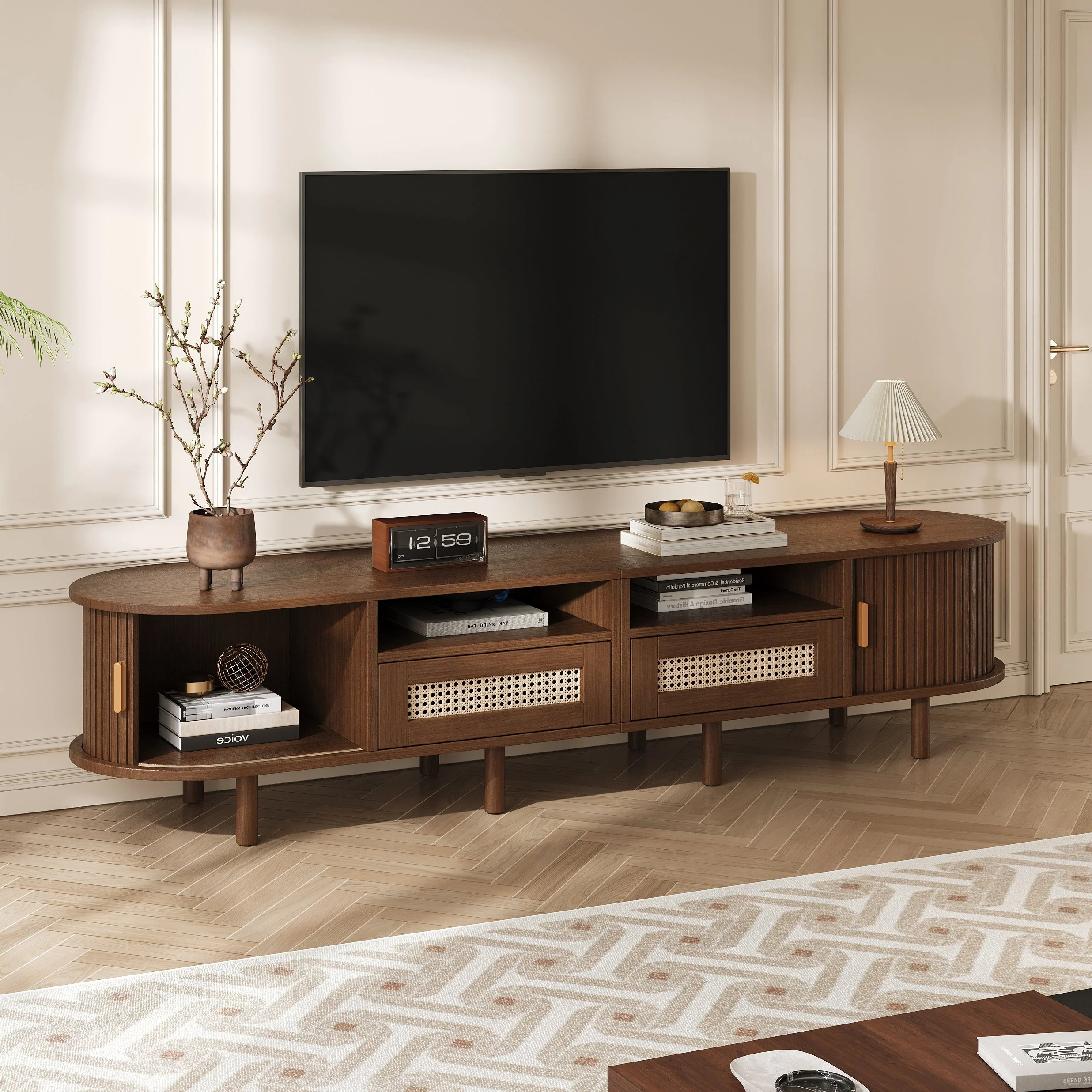 Oval TV Stand 170cm with Rattan Drawers Sliding Doors 70-inch Walnut - Image 6
