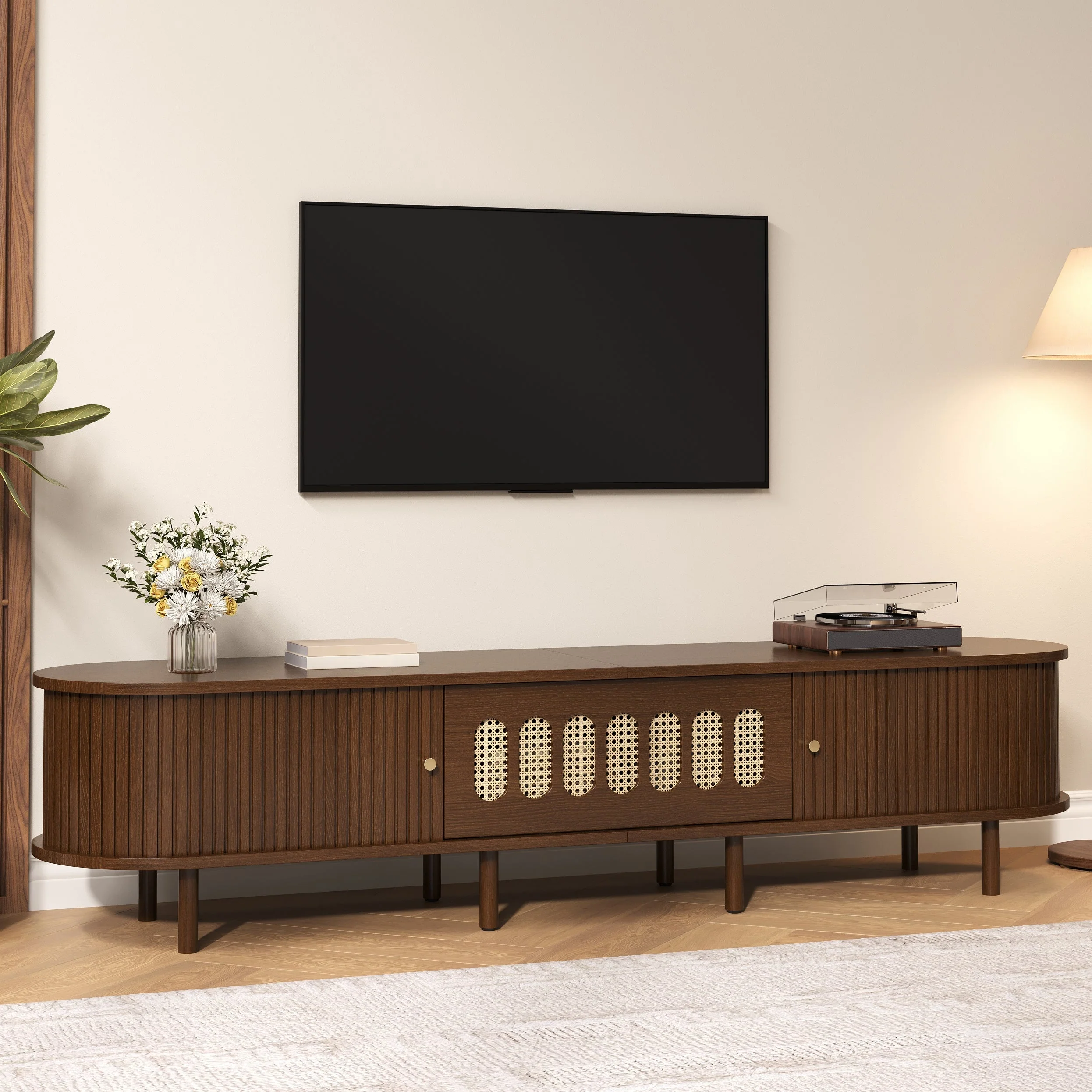 Oval TV Stand with Roll-Up Doors and Rattan Design, Dark Walnut MDF - Image 8