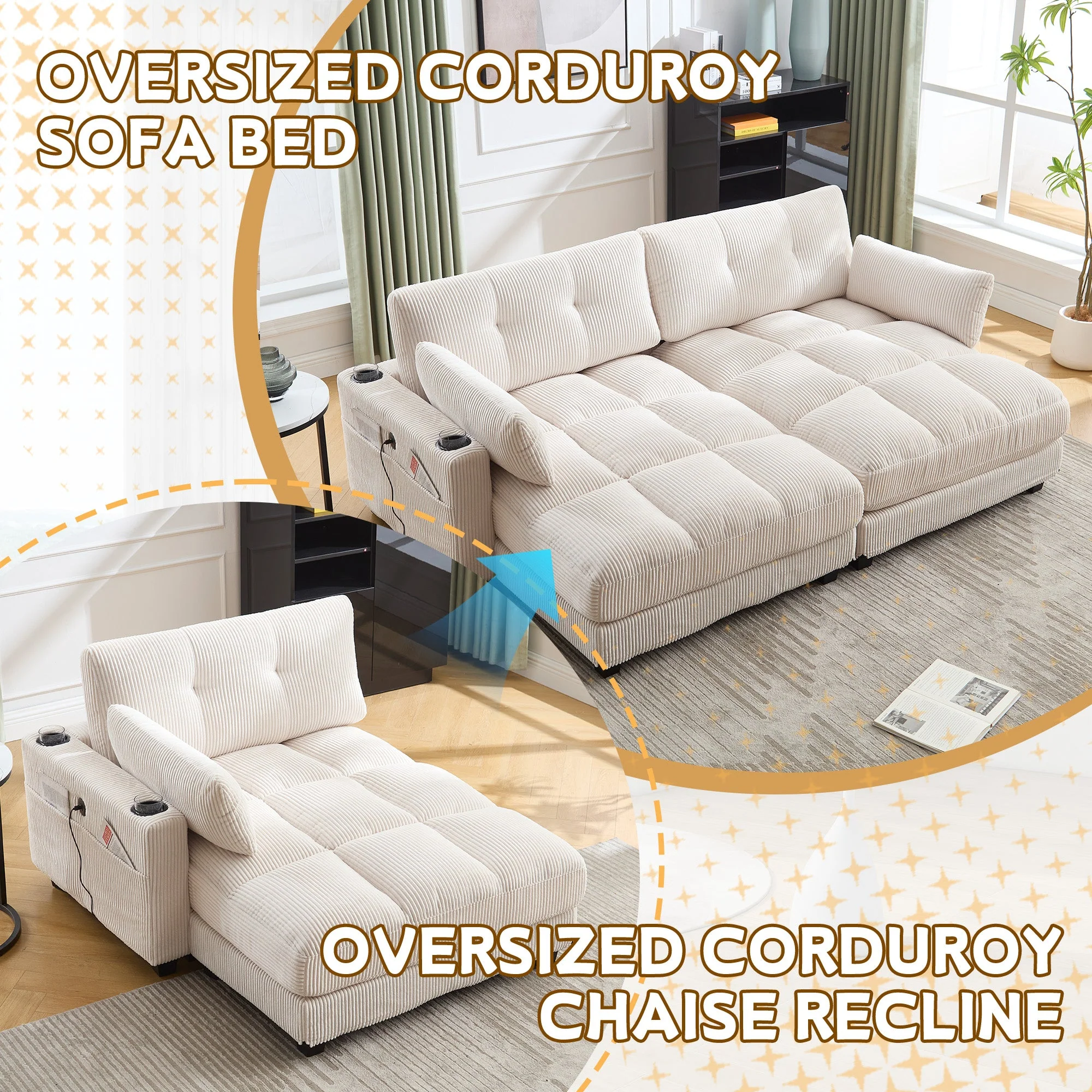 Palm Chair, Fluffy Striped Upholstery with Rolling Cushions & Side Pocket, Beige - Image 9