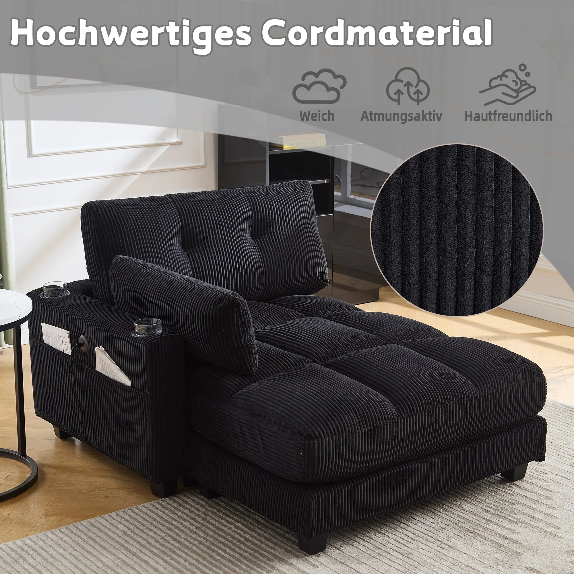 Palm Chair, Fluffy Striped Upholstery with Rolling Handrails, Black