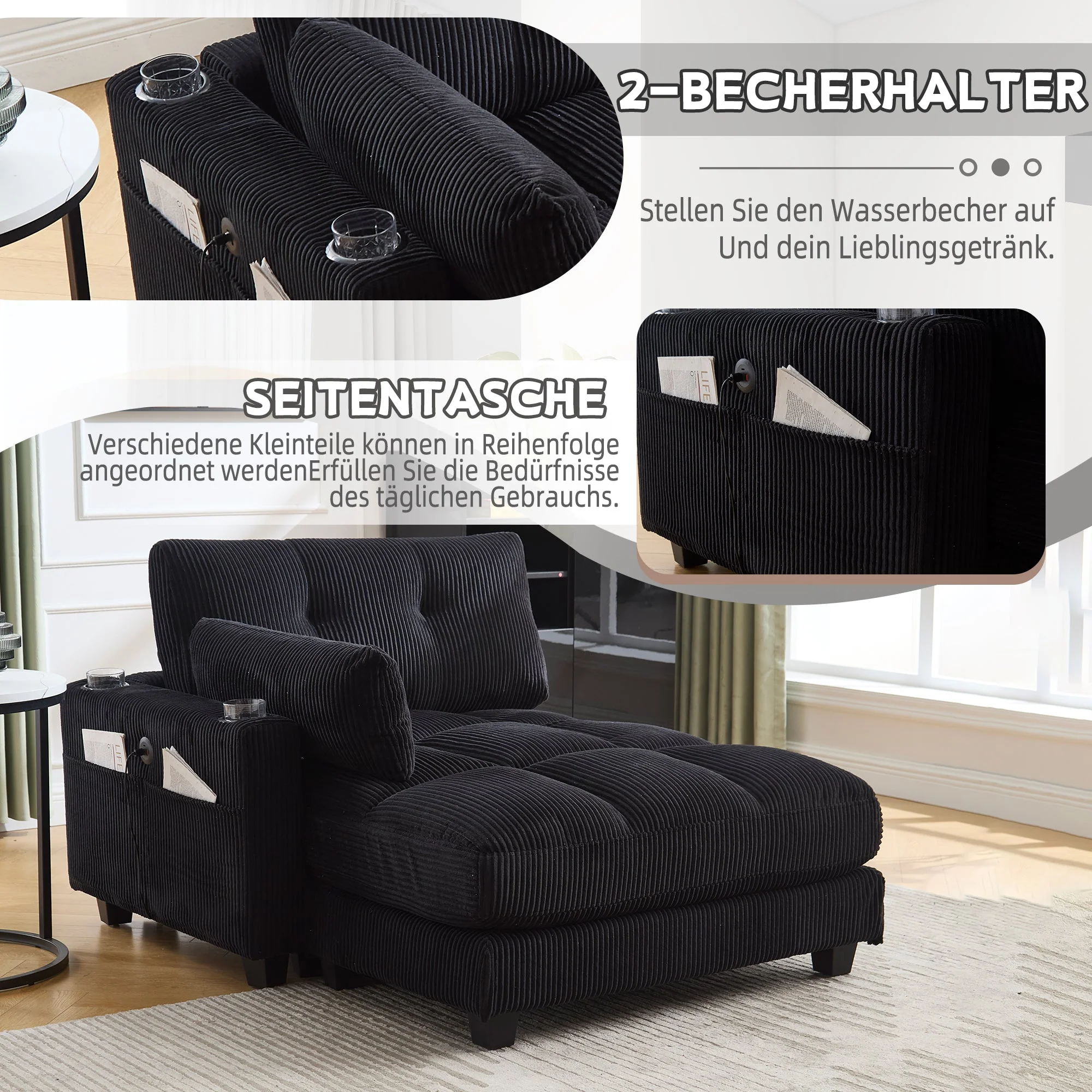 Palm Chair, Fluffy Striped Upholstery with Rolling Handrails, Black - Image 3