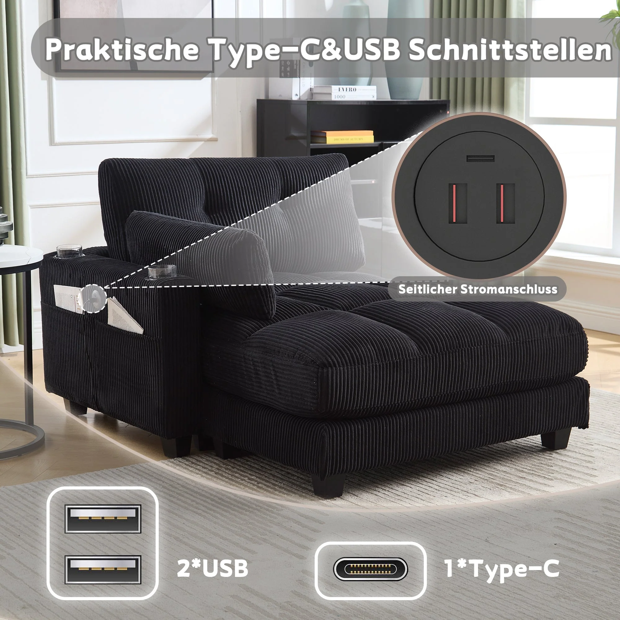 Palm Chair, Fluffy Striped Upholstery with Rolling Handrails, Black - Image 4