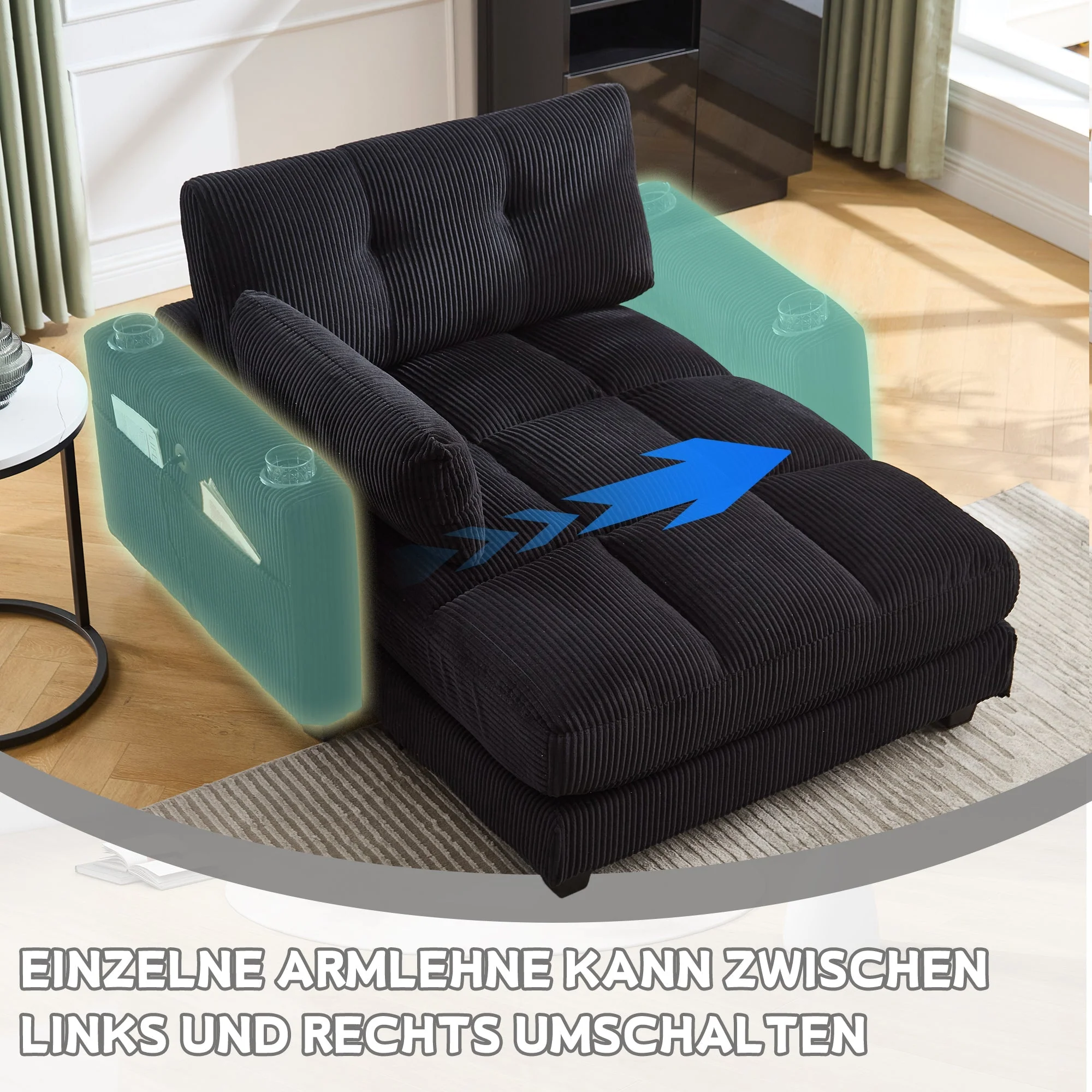 Palm Chair, Fluffy Striped Upholstery with Rolling Handrails, Black - Image 5