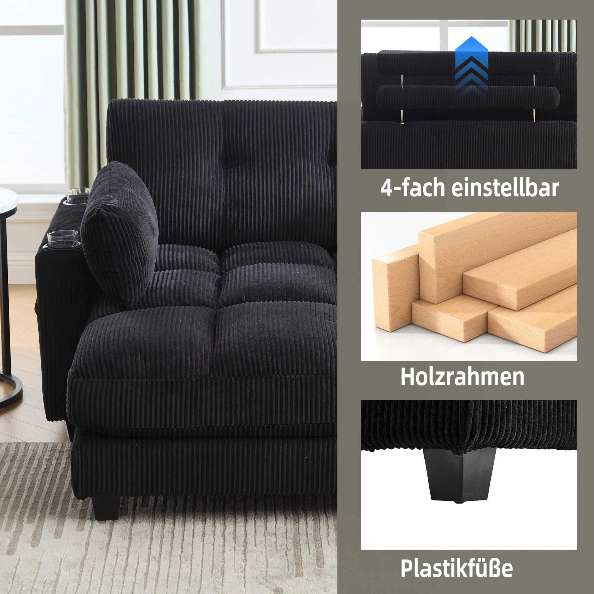 Palm Chair, Fluffy Striped Upholstery with Rolling Handrails, Black - Image 6
