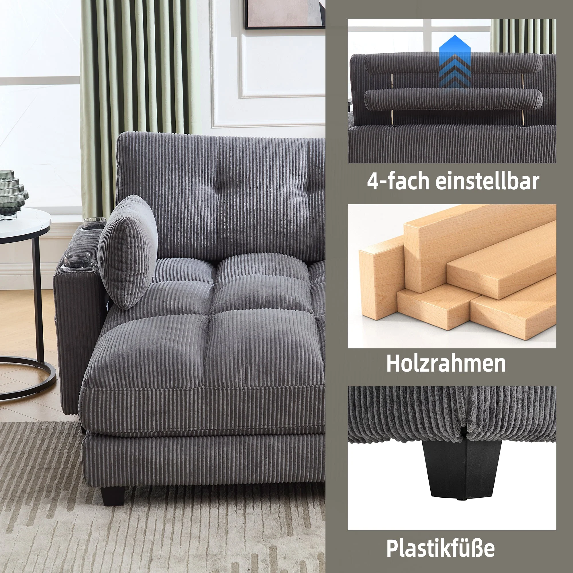 Palm Chair, Fluffy Upholstery, Rolling Cushions, Cup Holders, Side Pocket, Gray - Image 9
