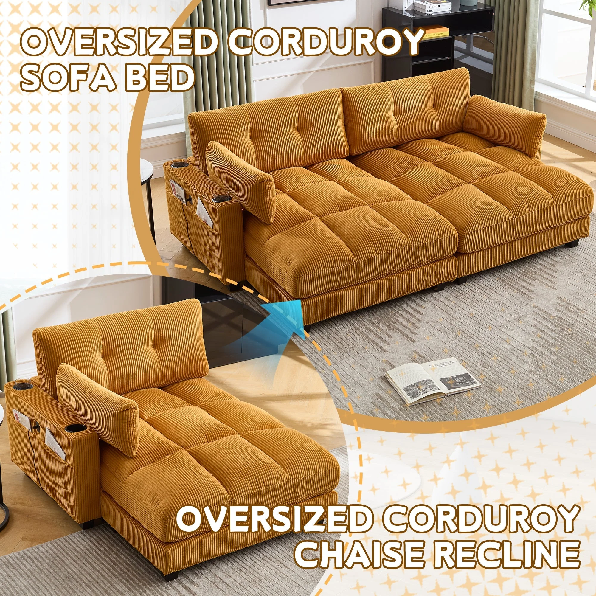 Palm Chair with Fluffy Cushions, Headrest, 3-Cup Holder & Side Pocket, Mustard - Image 7