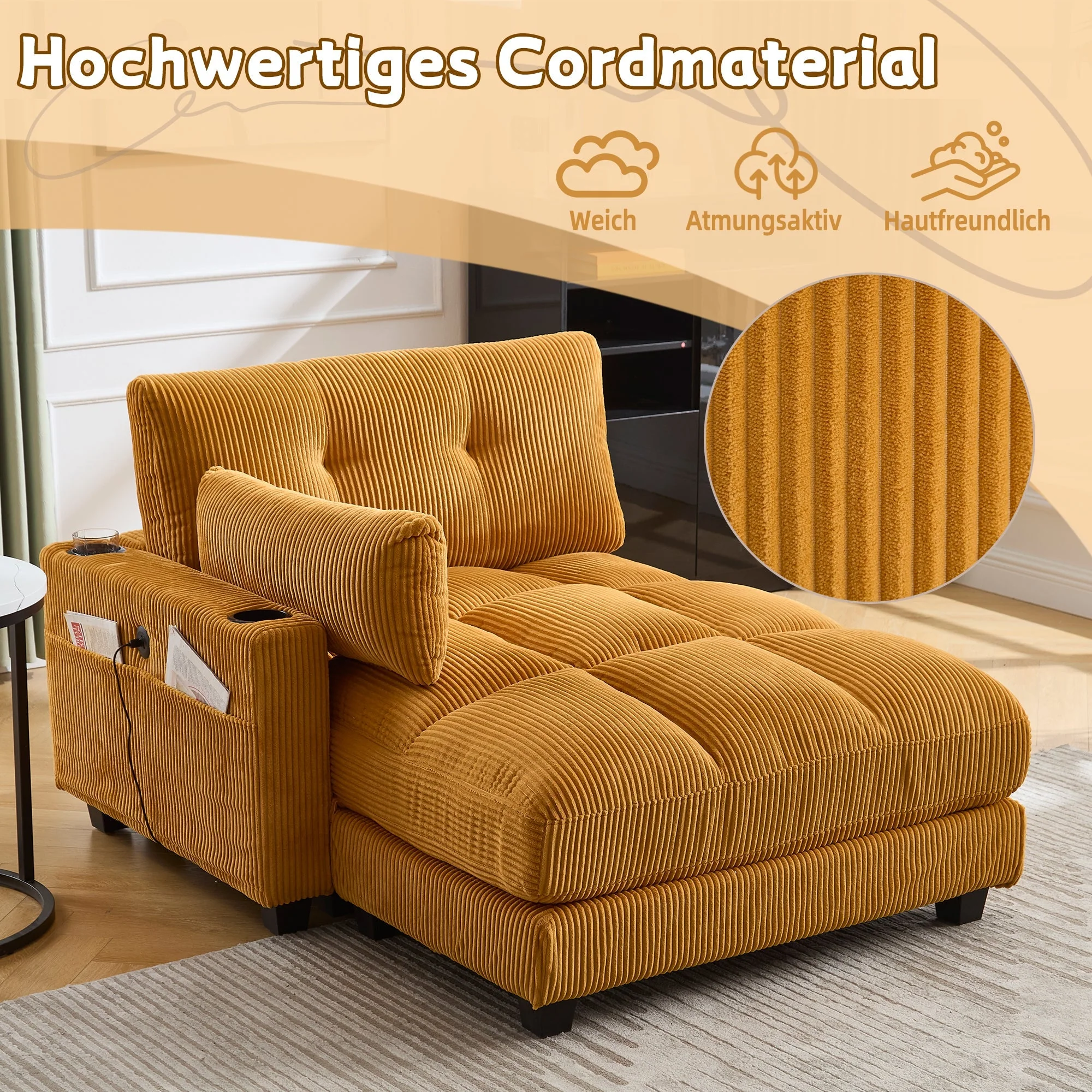 Palm Chair with Fluffy Cushions, Headrest, 3-Cup Holder & Side Pocket, Mustard - Image 8