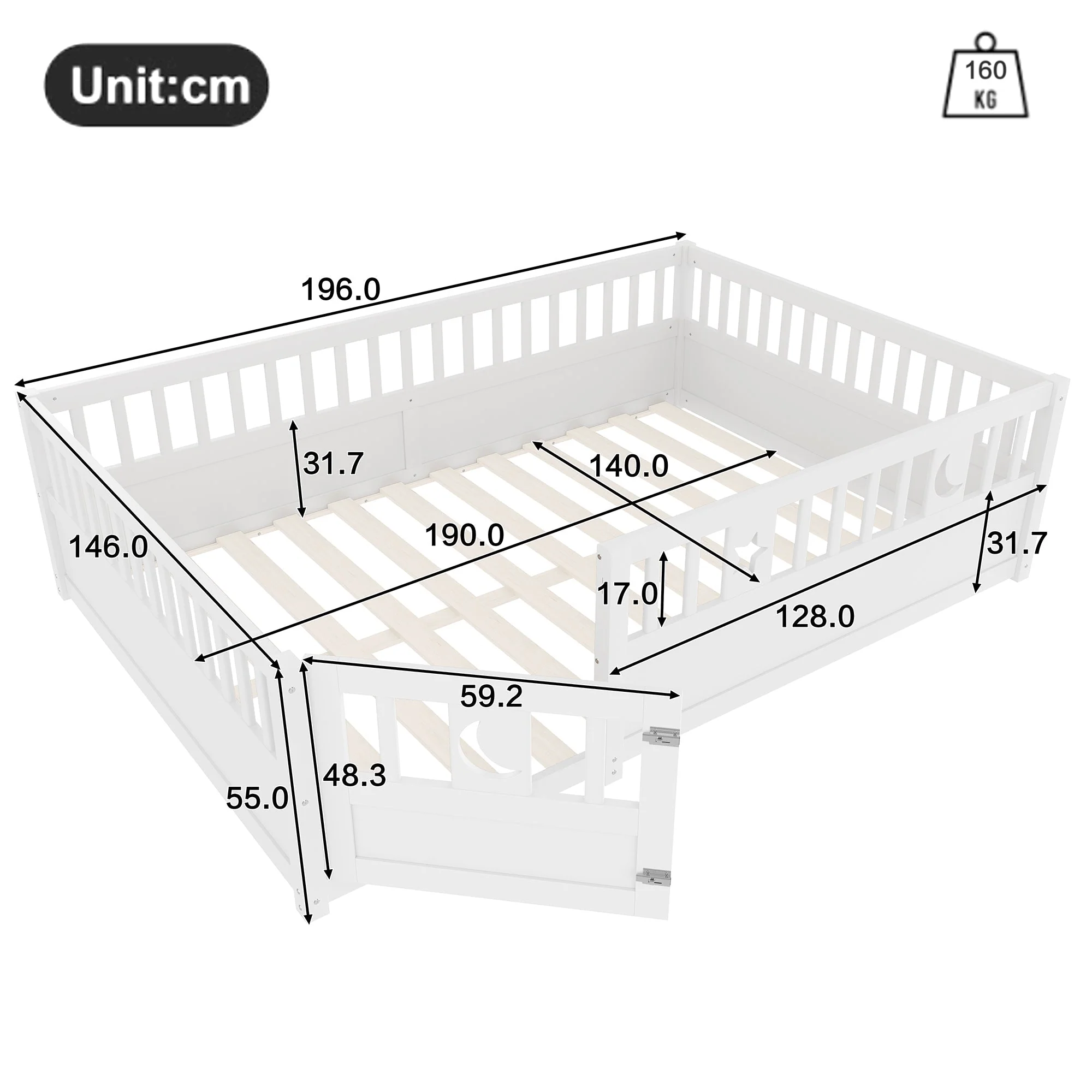 Panel Bed 140x190cm Children's Railing Star & Moon - White - Image 6