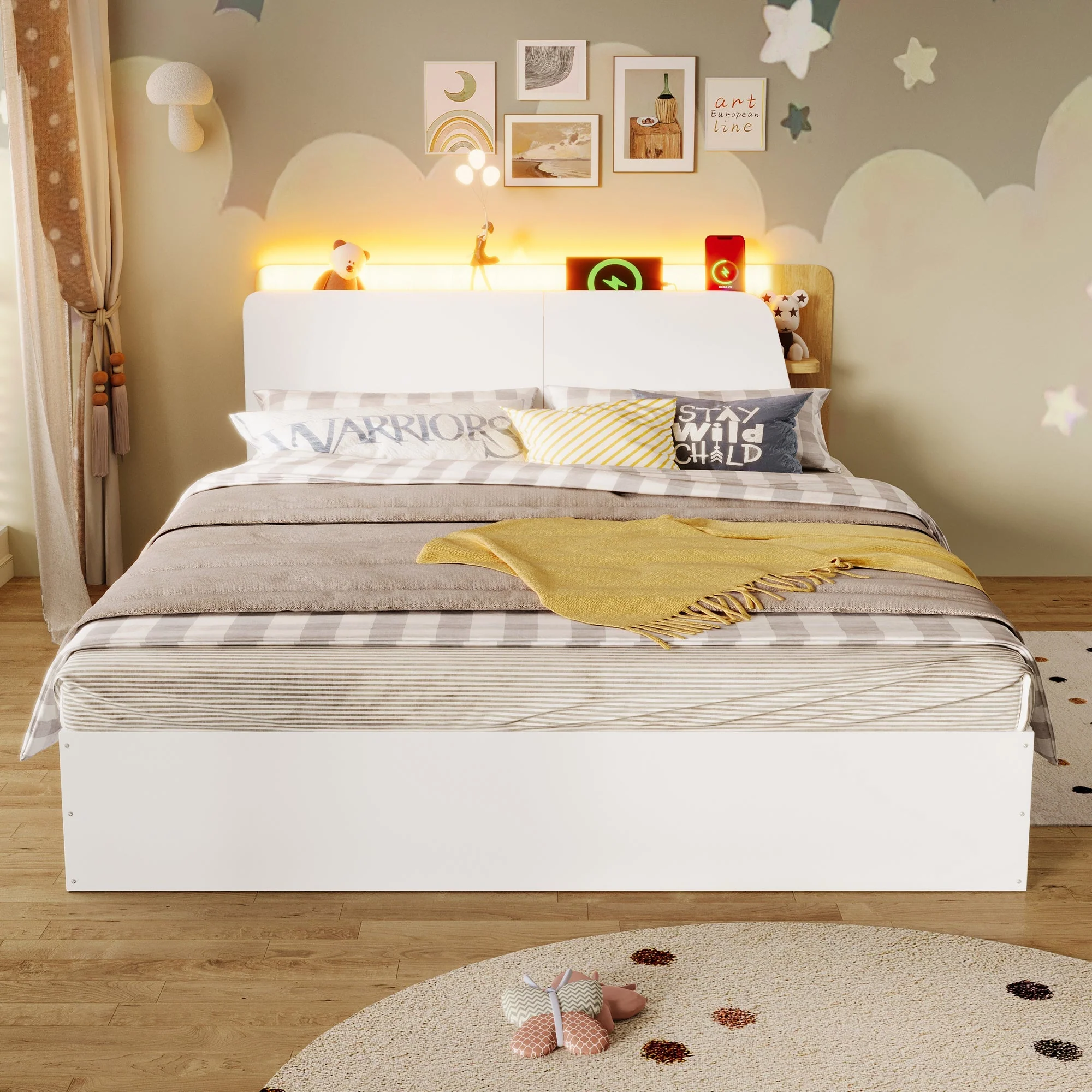 Panel Bed 140x200cm Hydraulic Storage USB-C LED Lighting White/Natural - Image 4