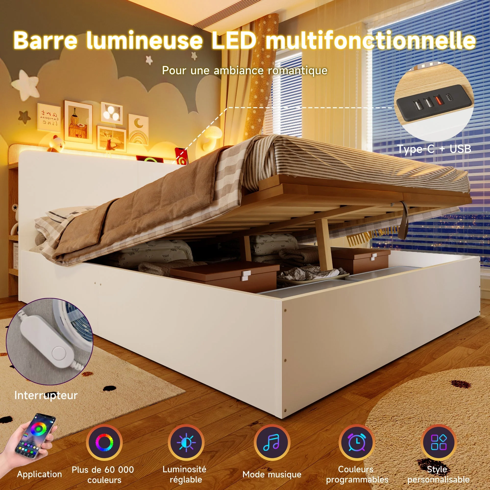 Panel Bed 140x200cm Hydraulic Storage USB-C LED Lighting White/Natural - Image 7