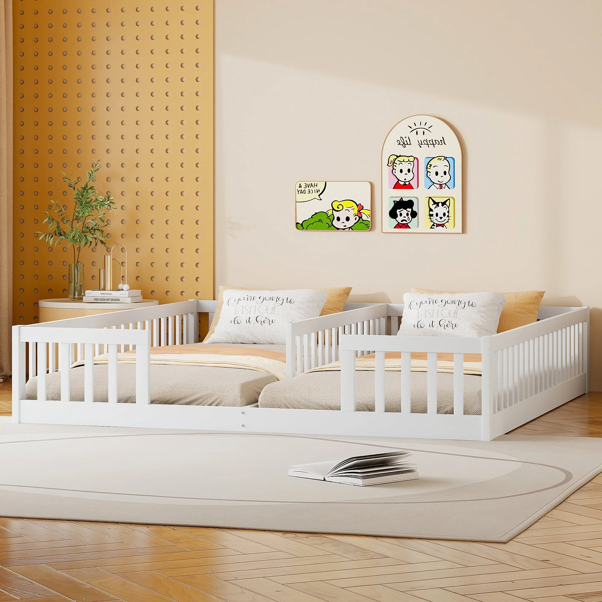 Panel Bed 90x200cm with Railing Minimalist Pine Wood - White - Image 5