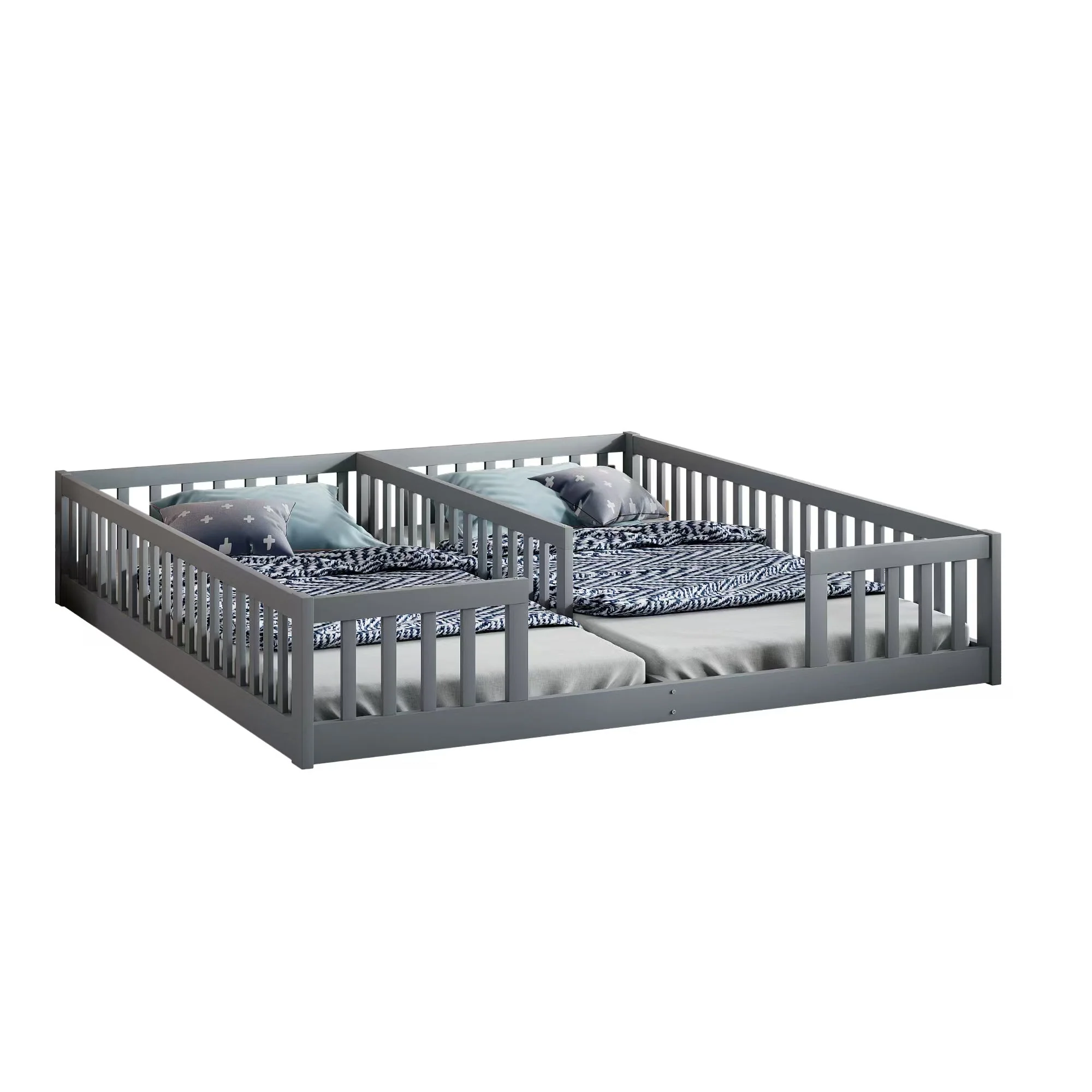 Panel Bed with Guardrails and Slatted Base, 90 x 200 cm, Grey Pine Wood - Image 6