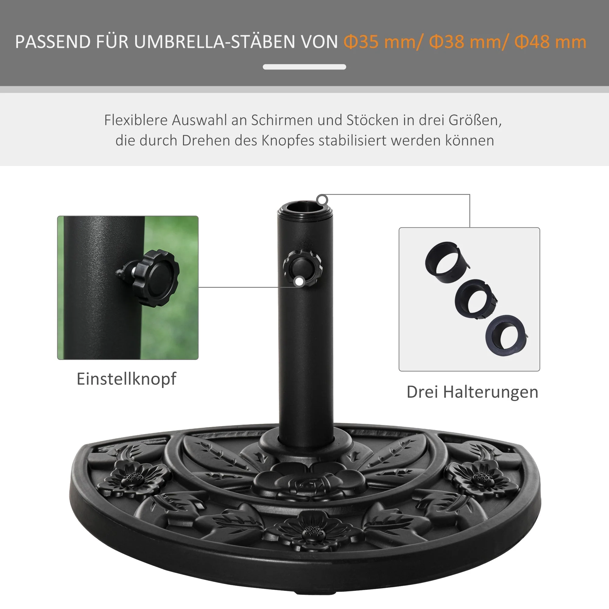 Parasol Base 9kg Floral Motif Semi-Circular HDPE Black - Image 6