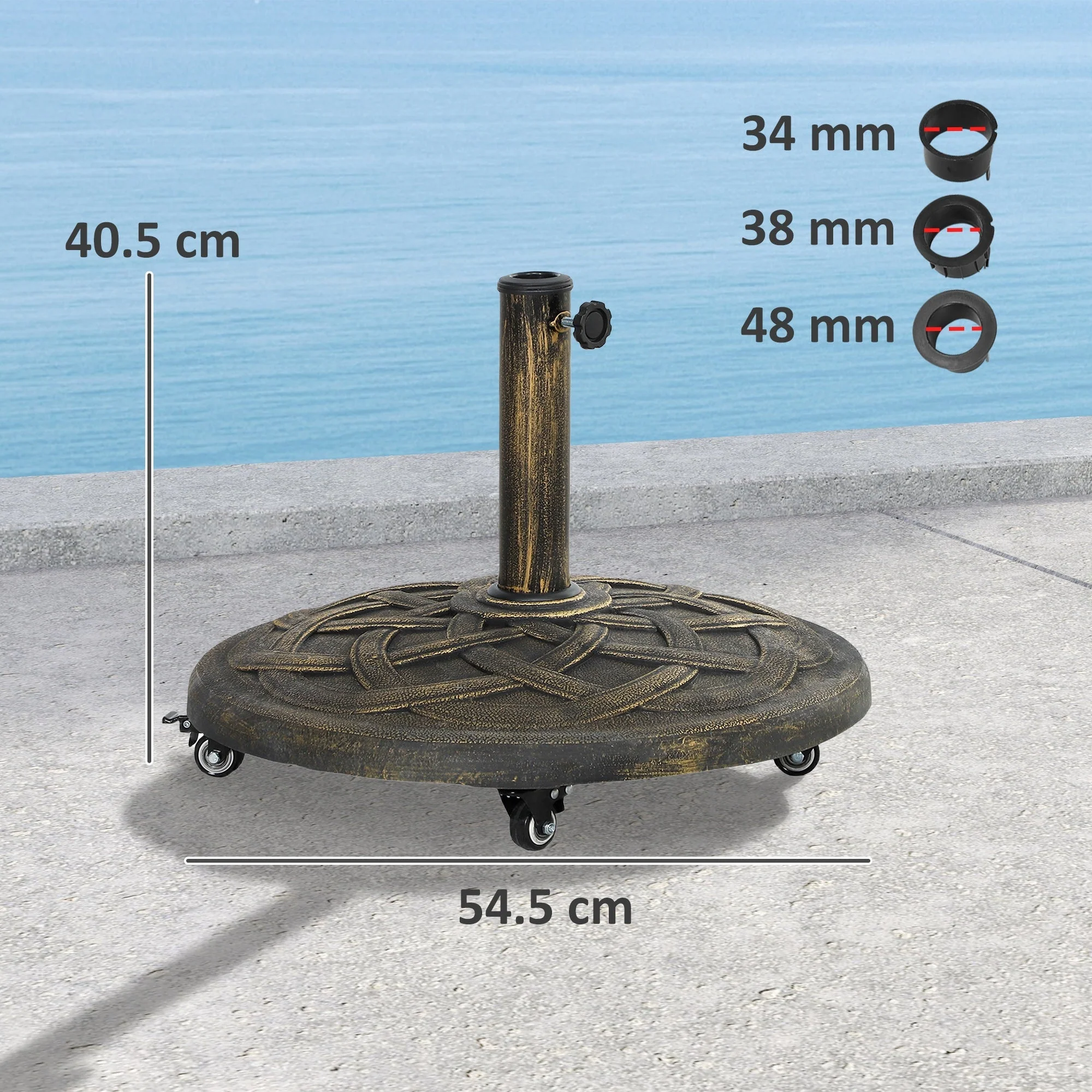 Parasol Base with Wheels, Round Holder for 34/38/48mm Poles, Concrete Bronze - Image 3