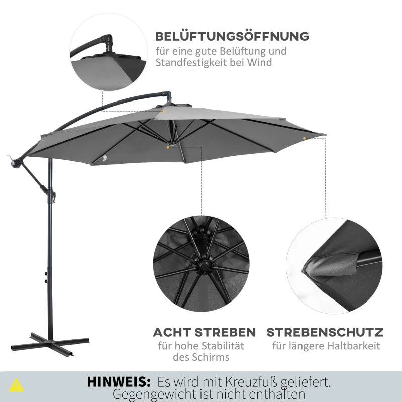 Parasol Crank Umbrella, Steel Frame Polyester Fabric, Gray - Image 5