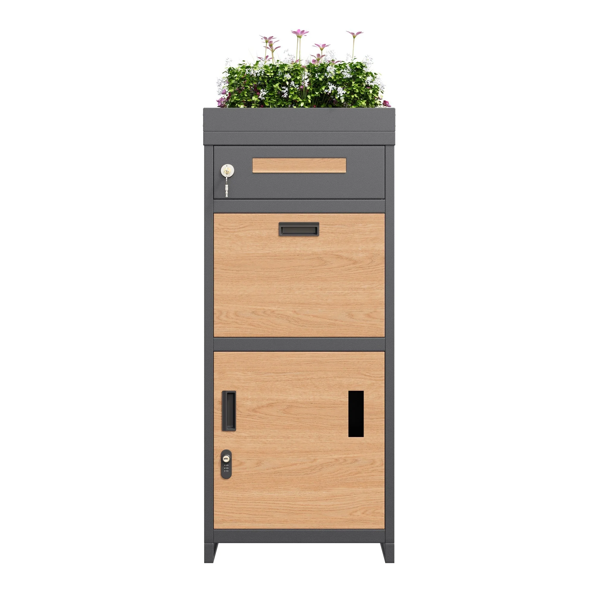 Parcel Mailbox with Combination Lock and Flower Bed, Integrated Lockable Storage Cabinet, Metal - Image 2