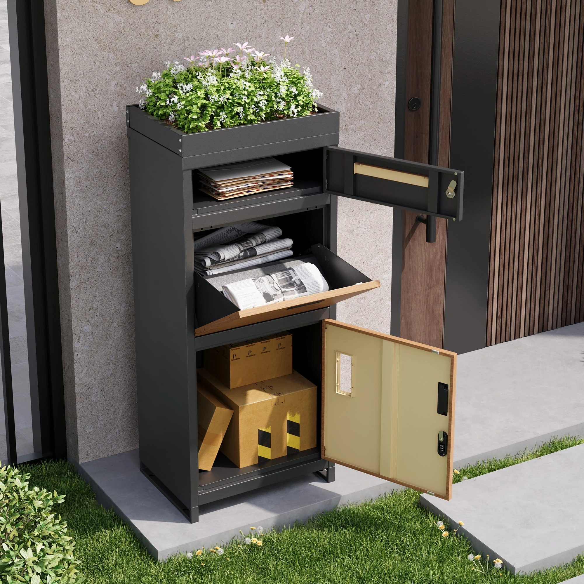 Parcel Mailbox with Combination Lock and Flower Bed, Integrated Lockable Storage Cabinet, Metal - Image 3