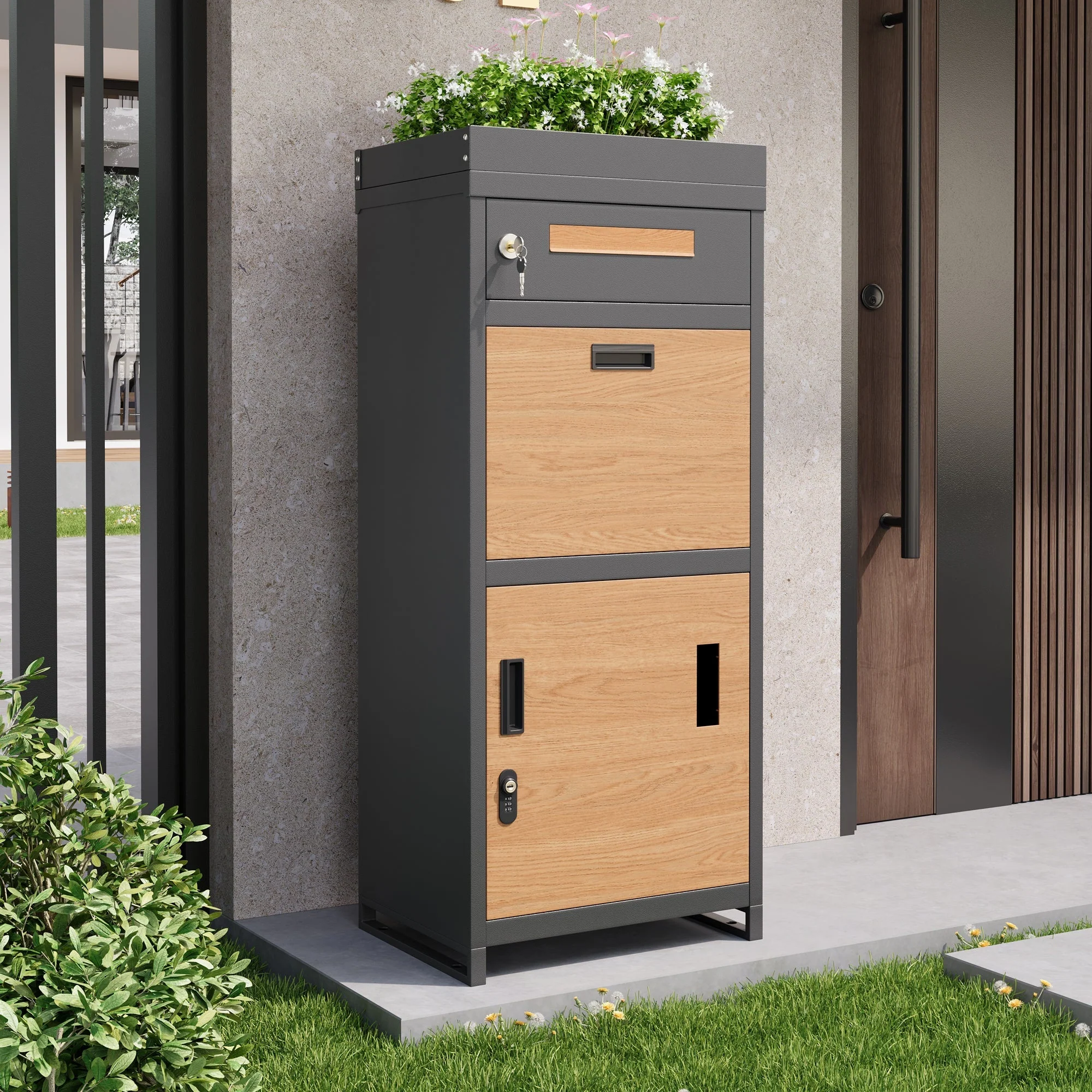 Parcel Mailbox with Combination Lock and Flower Bed, Integrated Lockable Storage Cabinet, Metal - Image 5