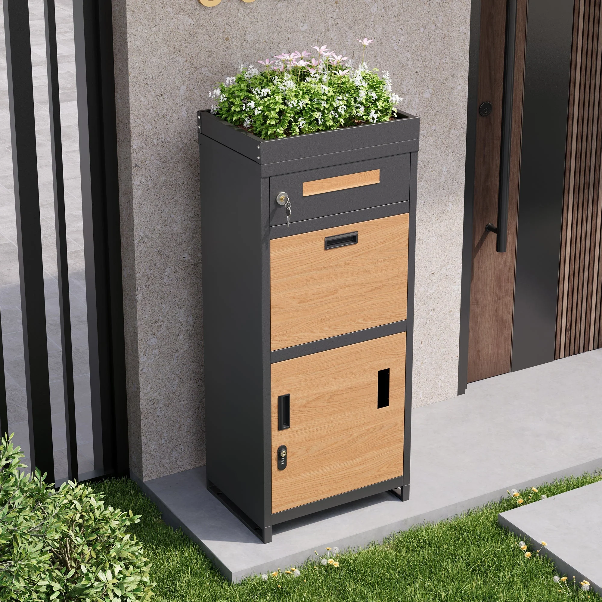 Parcel Mailbox with Combination Lock and Flower Bed, Integrated Lockable Storage Cabinet, Metal - Image 6