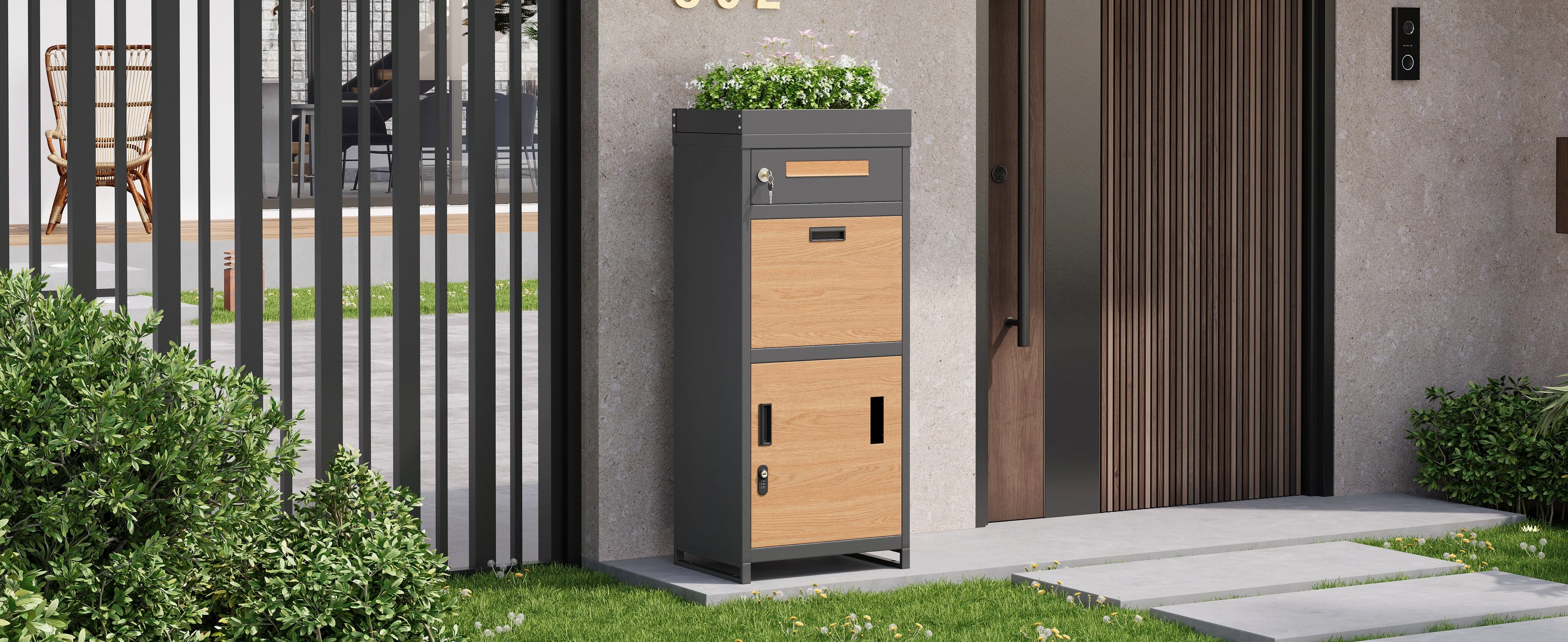 Parcel Mailbox with Combination Lock and Flower Bed, Integrated Lockable Storage Cabinet, Metal - Image 7