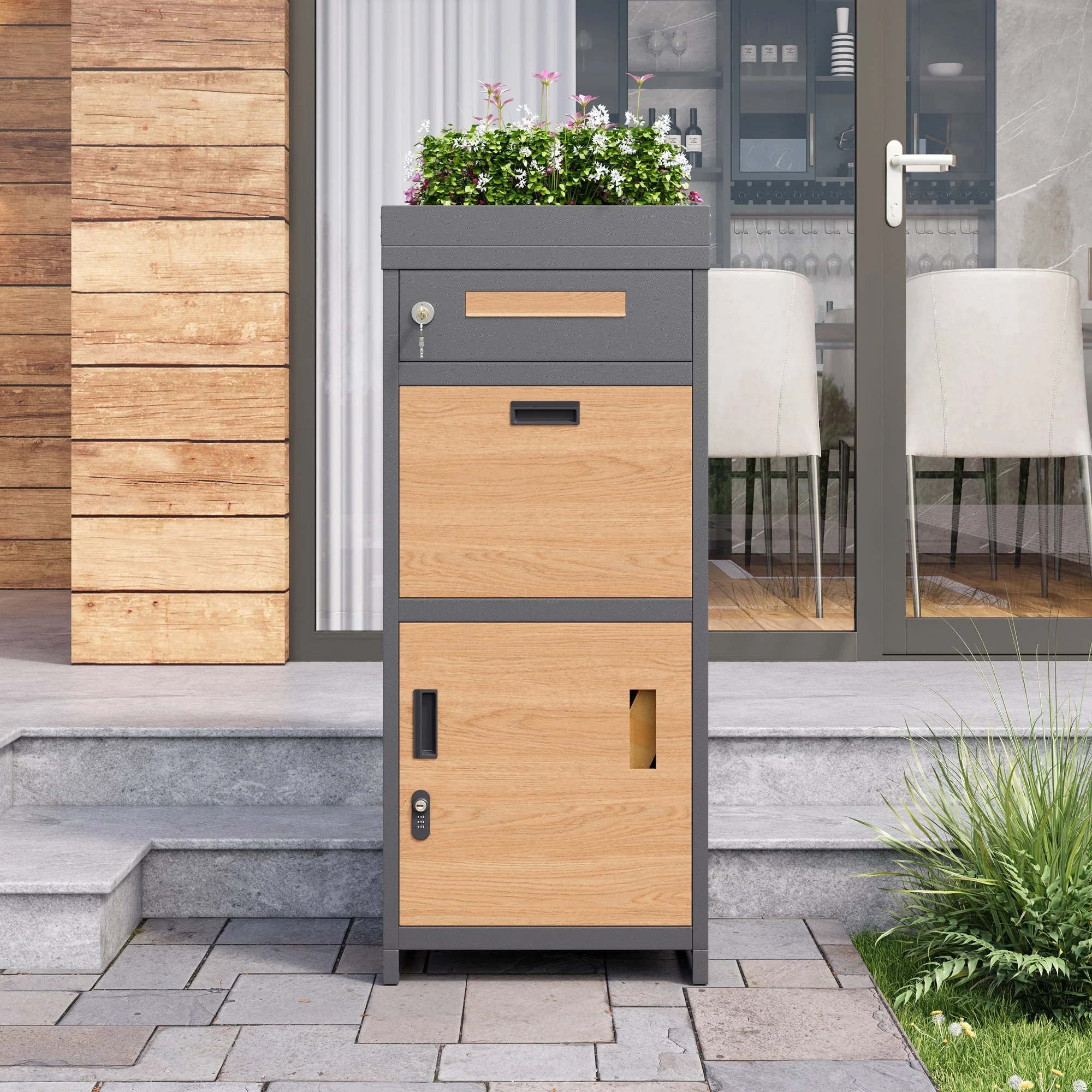 Parcel Mailbox with Combination Lock and Flower Bed, Integrated Lockable Storage Cabinet, Metal - Image 8