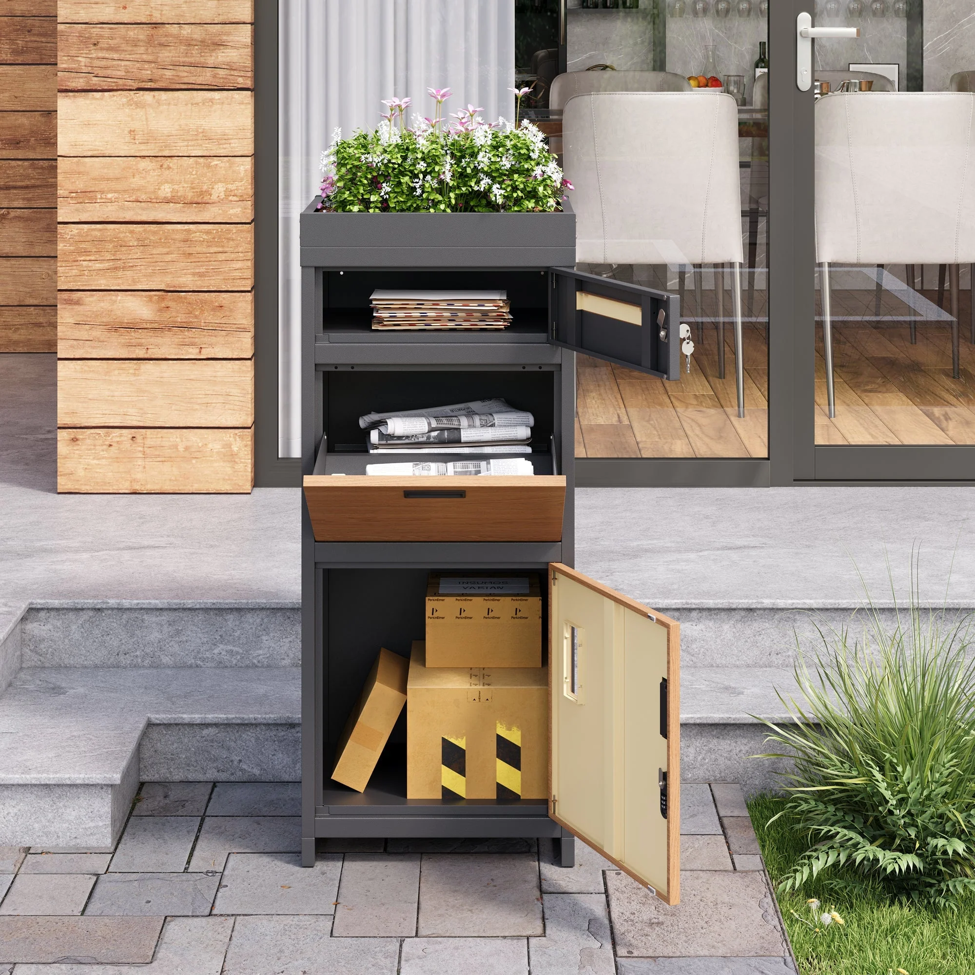 Parcel Mailbox with Combination Lock and Flower Bed, Integrated Lockable Storage Cabinet, Metal - Image 9