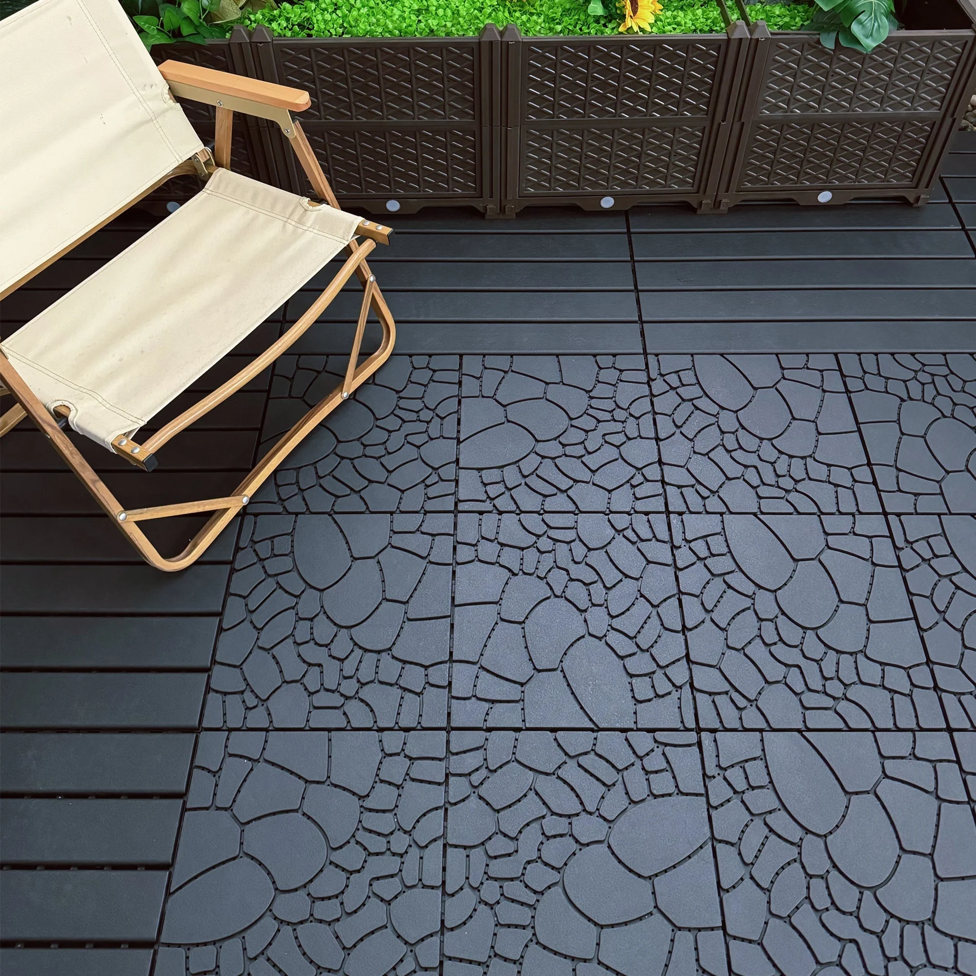 Patio Deck Tiles 12" Stone Texture Interlocking 44pcs - DARK GRAY - Image 10