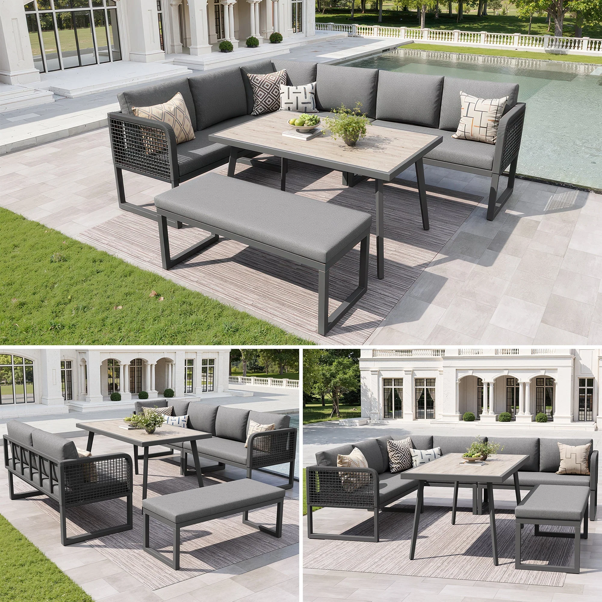 Patio Sofa Set 6-8 Seater Hand-Woven Rattan with Cushions - Grey