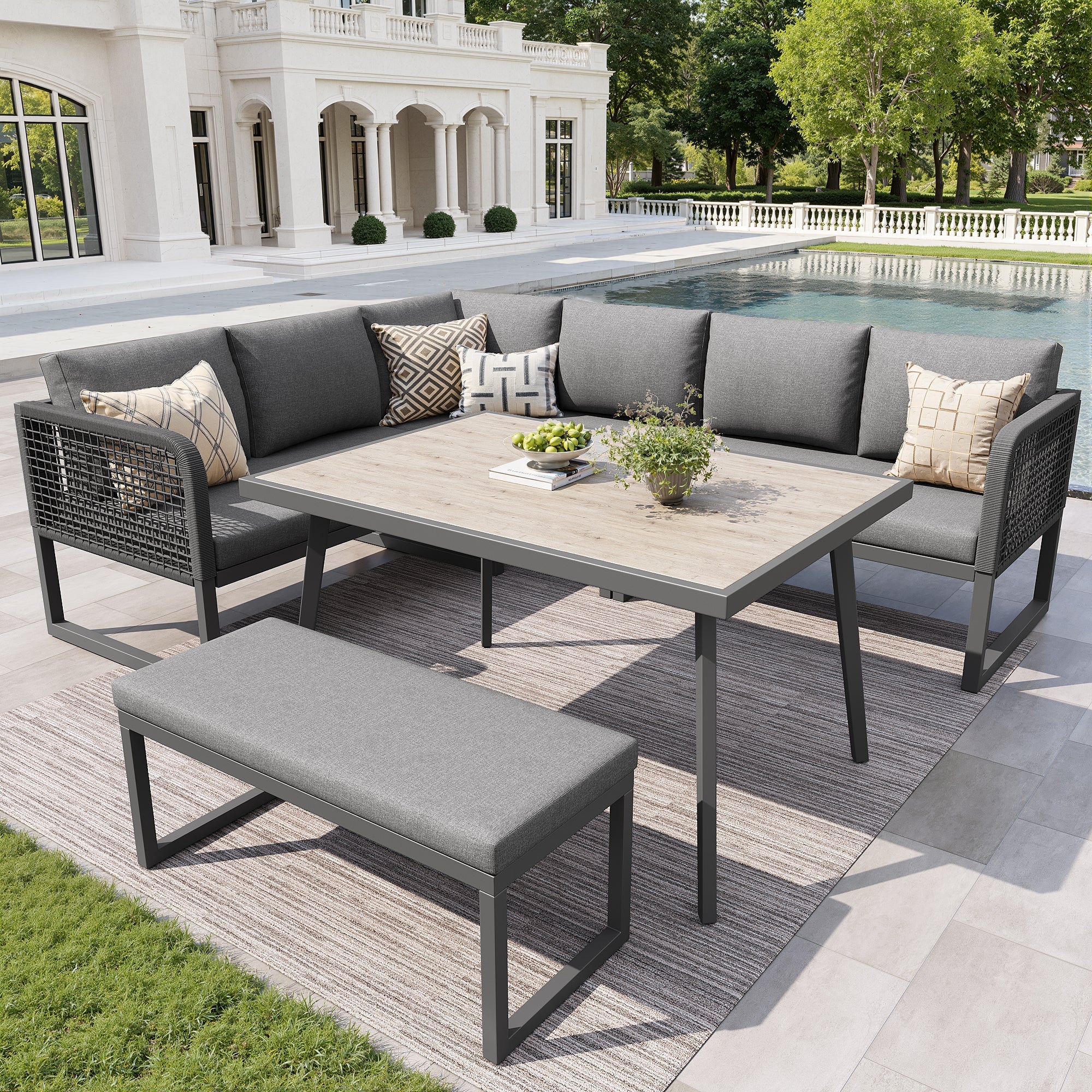 Patio Sofa Set 6-8 Seater Hand-Woven Rattan with Cushions - Grey - Image 2