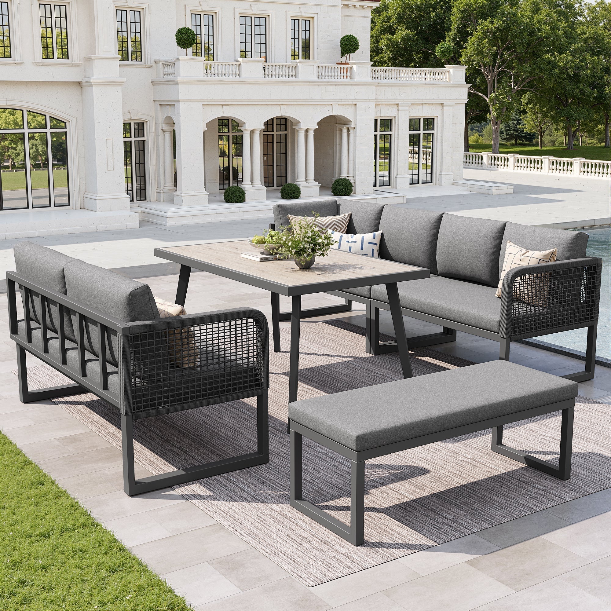 Patio Sofa Set 6-8 Seater Hand-Woven Rattan with Cushions - Grey - Image 3