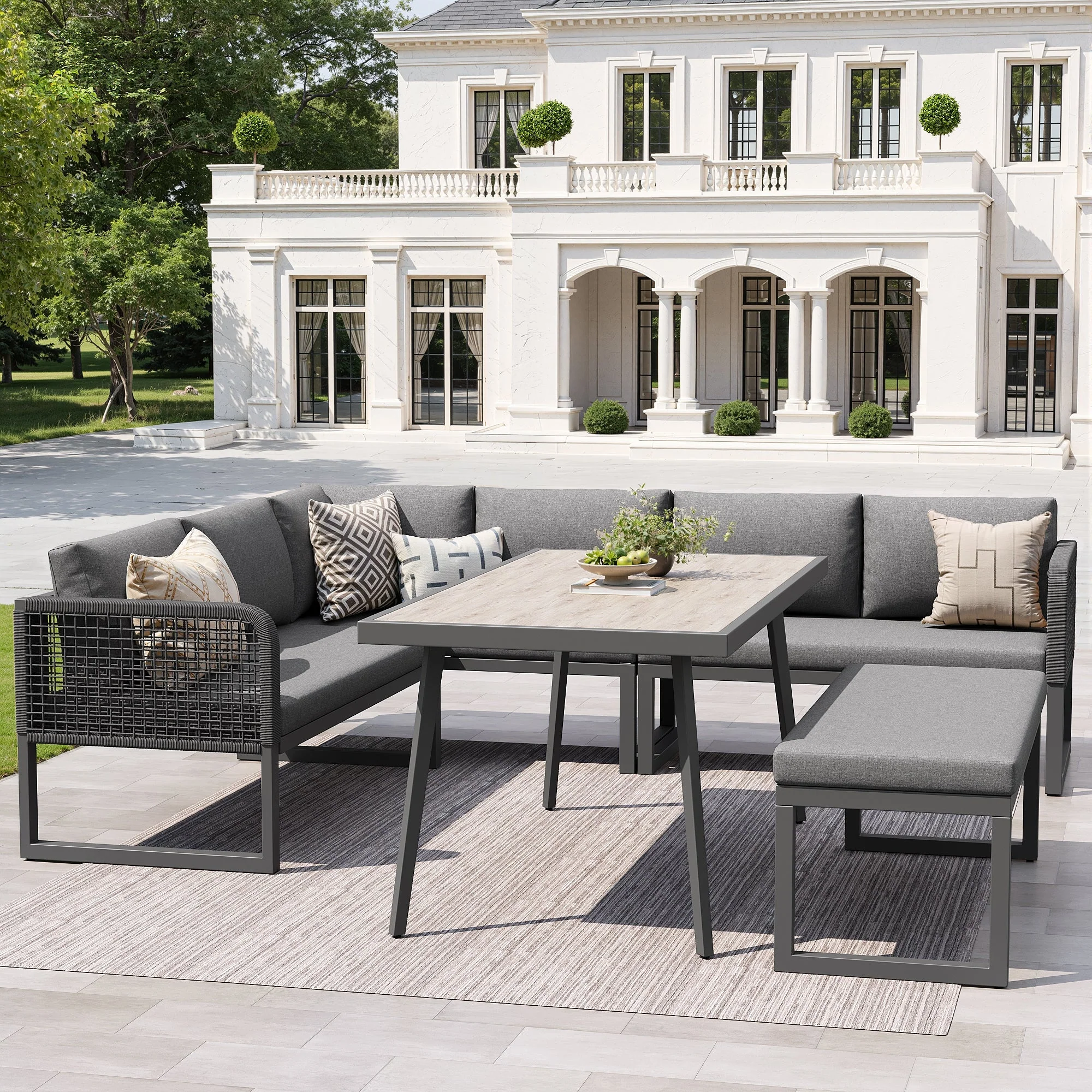 Patio Sofa Set 6-8 Seater Hand-Woven Rattan with Cushions - Grey - Image 4