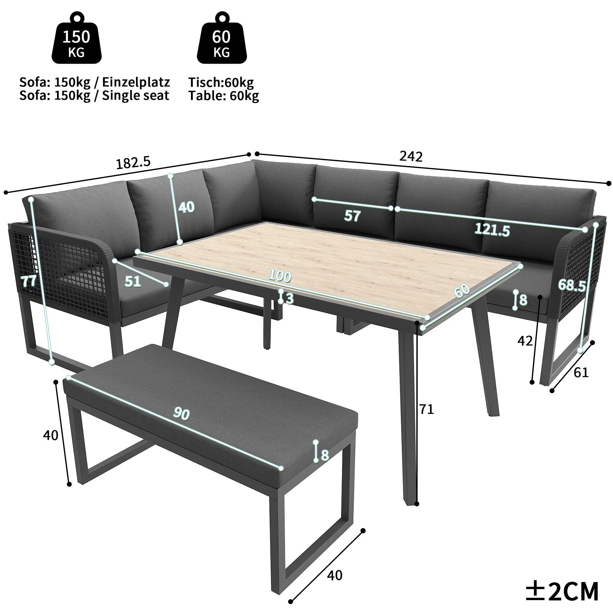 Patio Sofa Set 6-8 Seater Hand-Woven Rattan with Cushions - Grey - Image 5