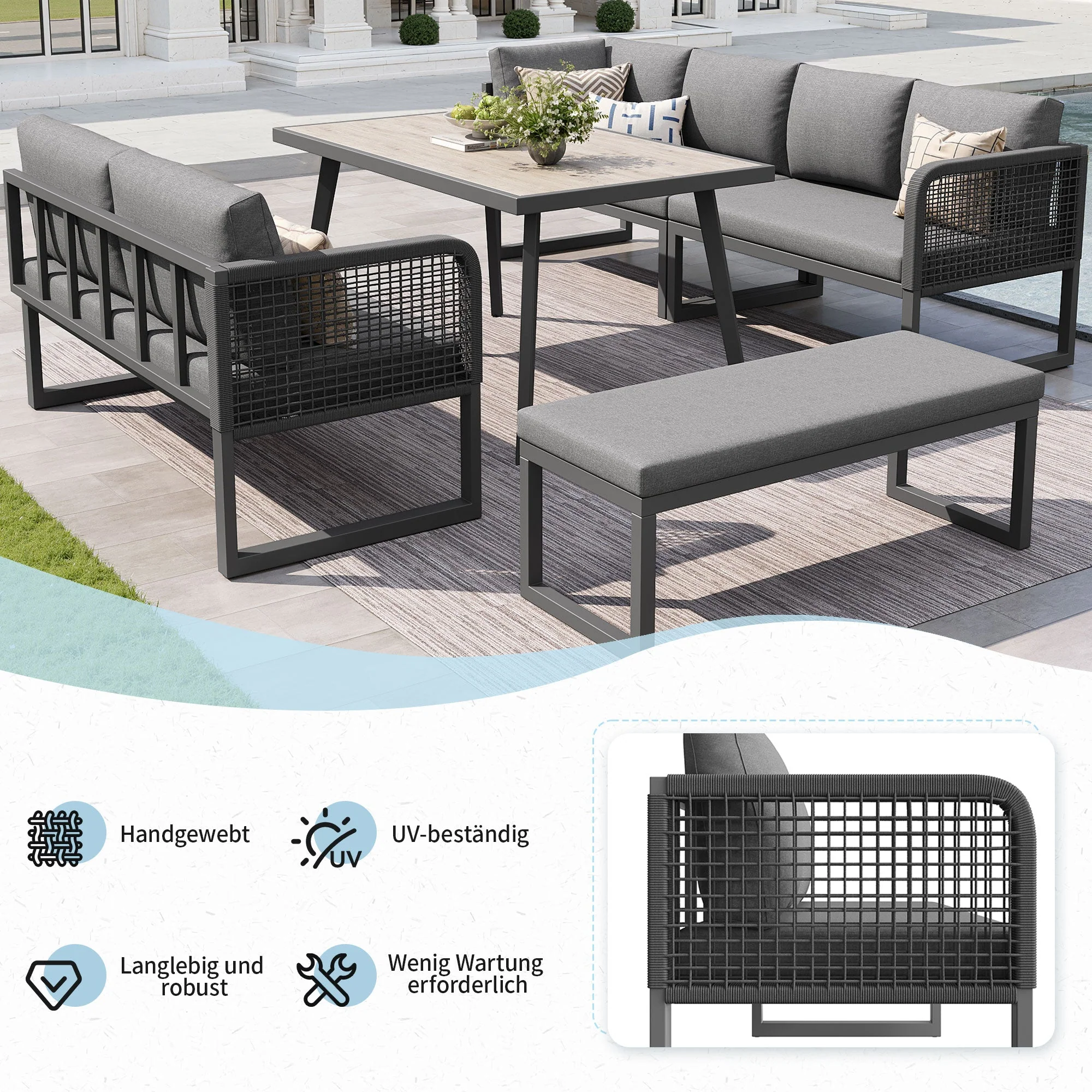 Patio Sofa Set 6-8 Seater Hand-Woven Rattan with Cushions - Grey - Image 6