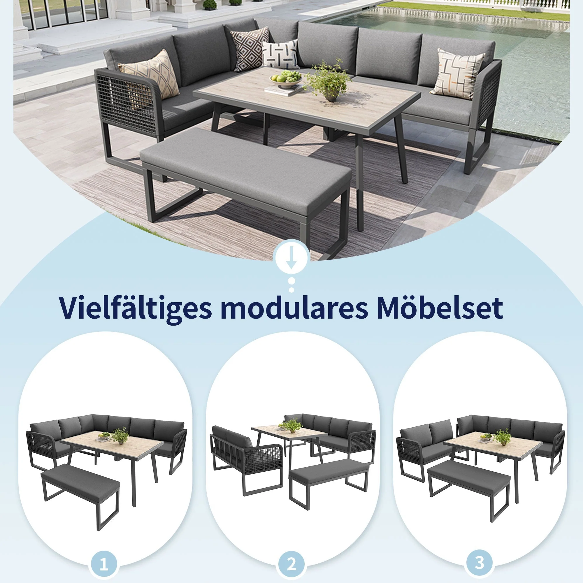 Patio Sofa Set 6-8 Seater Hand-Woven Rattan with Cushions - Grey - Image 8