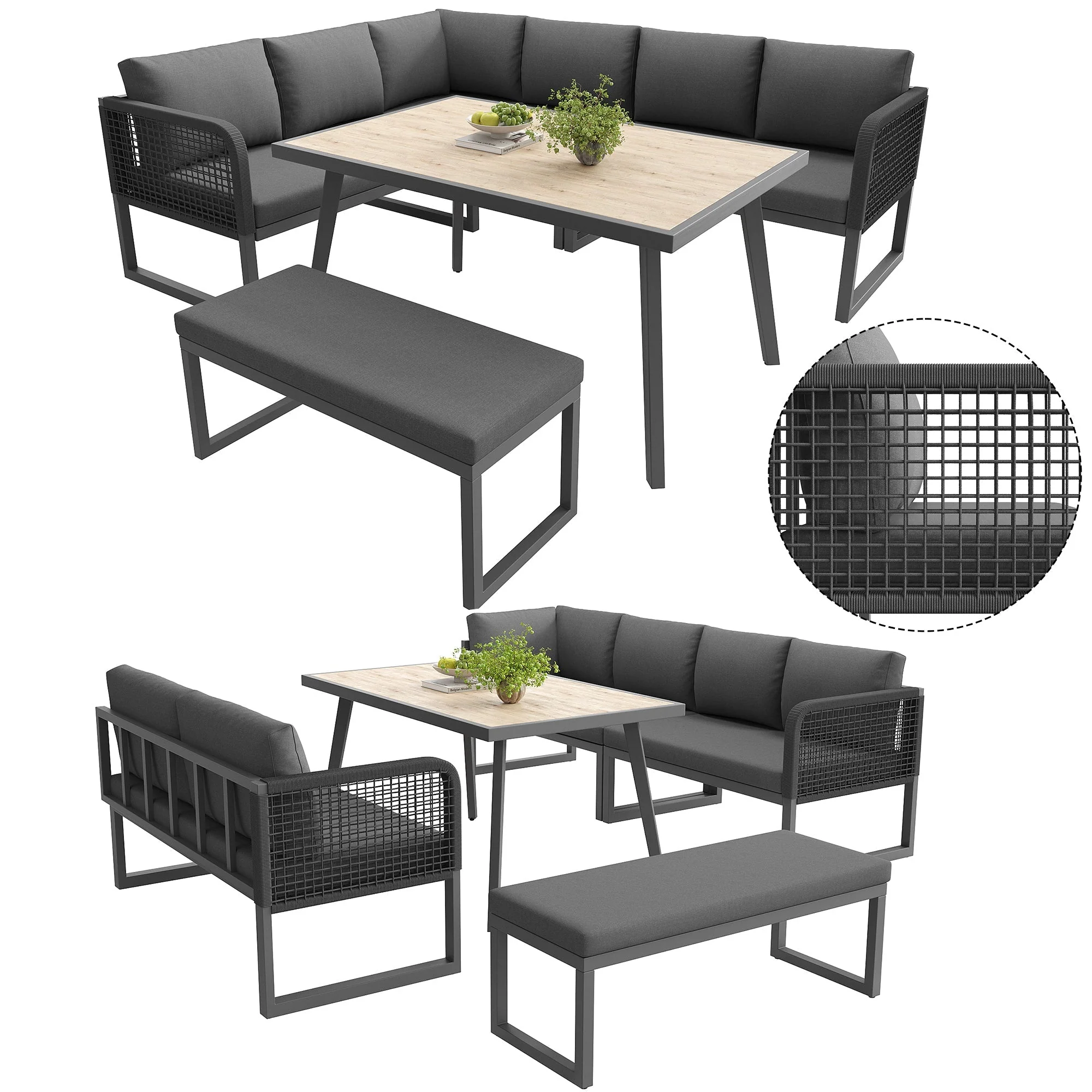 Patio Sofa Set 6-8 Seater Hand-Woven Rattan with Cushions - Grey - Image 9