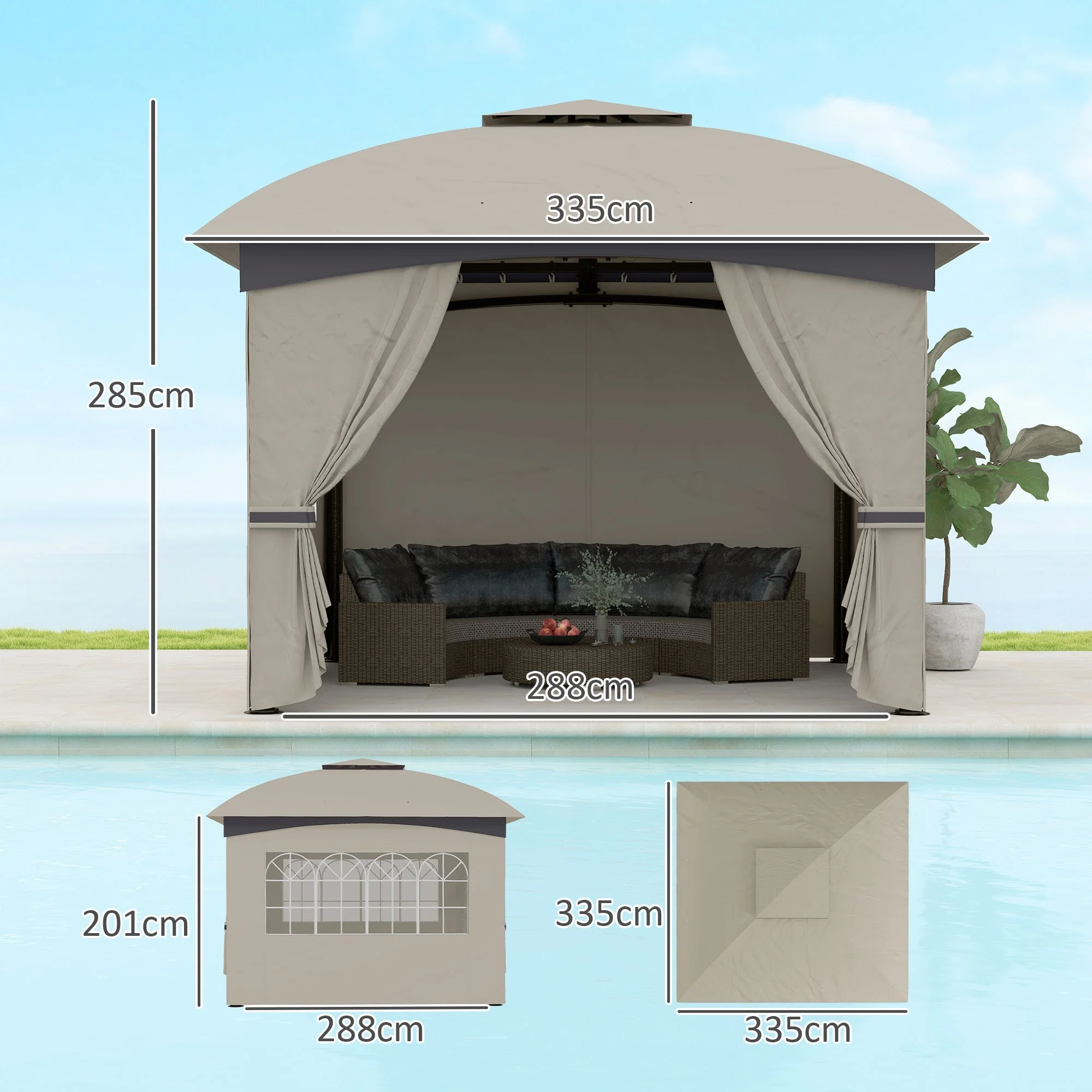 Pavilion 3.4x3.4m Double Roof, 4 Side Panels, Water-Repellent, UV Protection Galvanized Metal Frame, Light Grey - Image 3