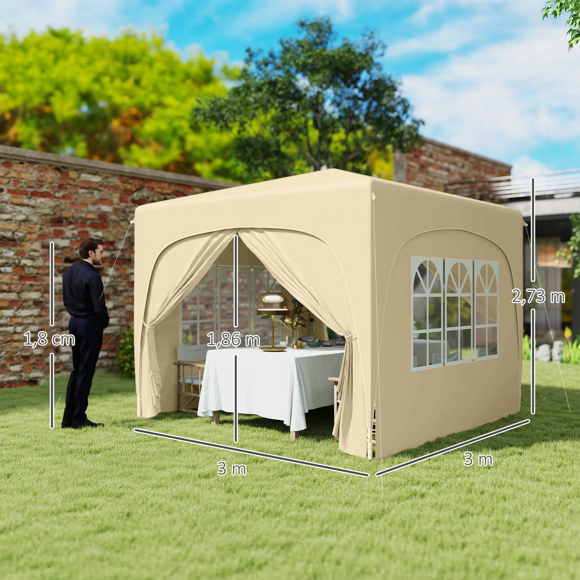 Pavilion 3x3m Pop-up Folding Tent UV 50+ with 4 Side Panels & Bag, Sand - Image 3