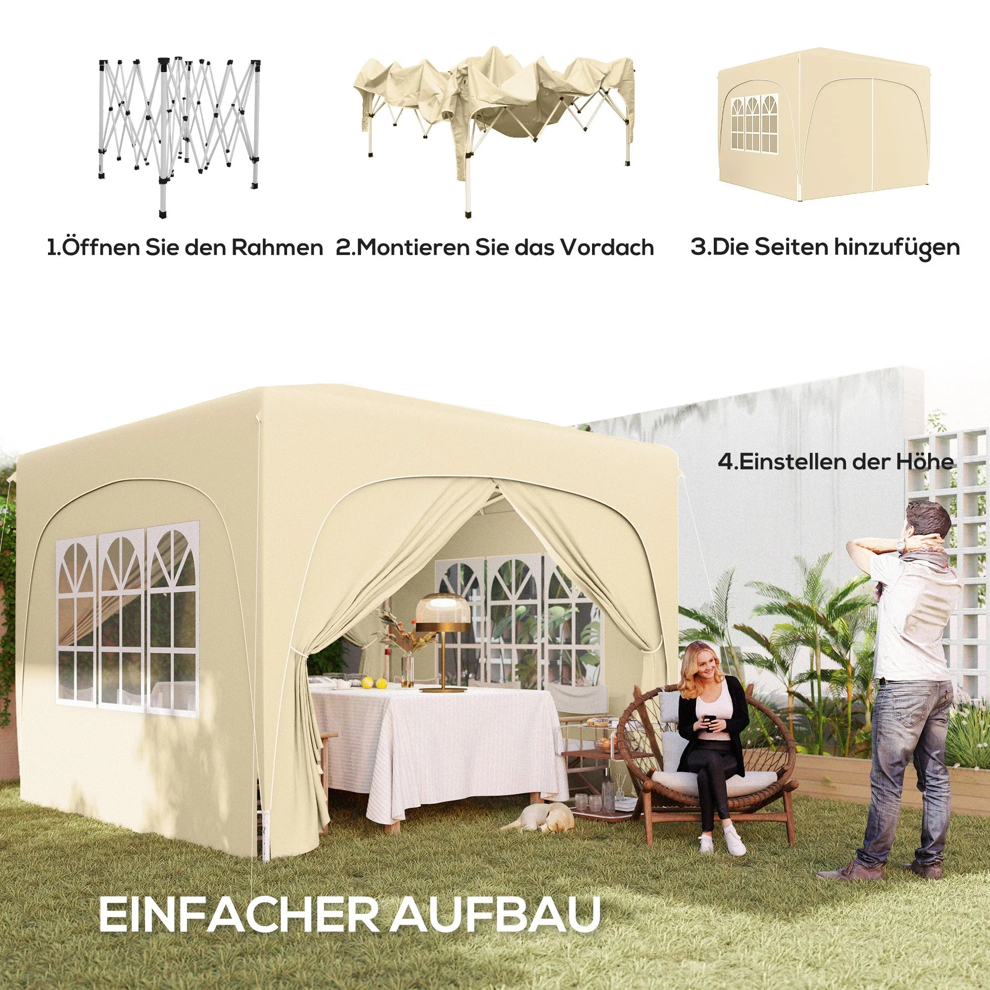 Pavilion 3x3m Pop-up Folding Tent UV 50+ with 4 Side Panels & Bag, Sand - Image 4
